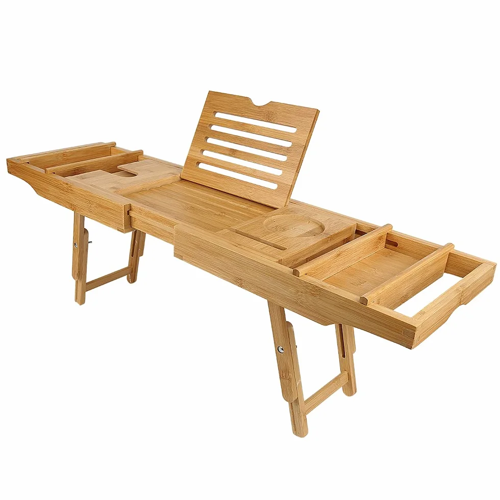 Plateau de Bain en Bambou Extensible 75-109cm avec Rangement et Porte-Savon
