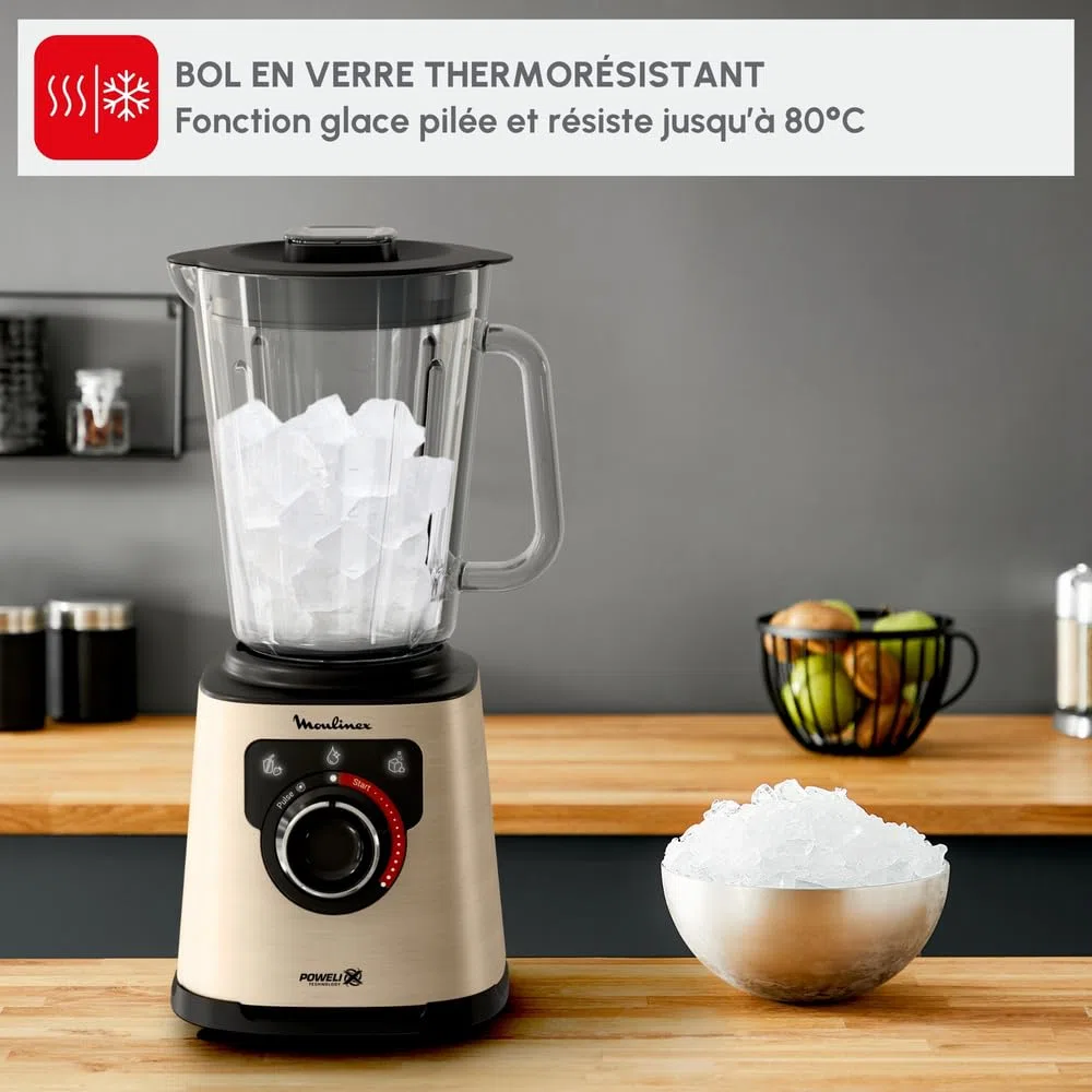 Moulinex Blender électrique, 1200 W, Bol verre capacité utile 1,5 L, Mixeur Smoothie, Technologie de lames Powelix, Haute qualité, Nettoyage facile, PerfectMix Noir/Or LM871A10