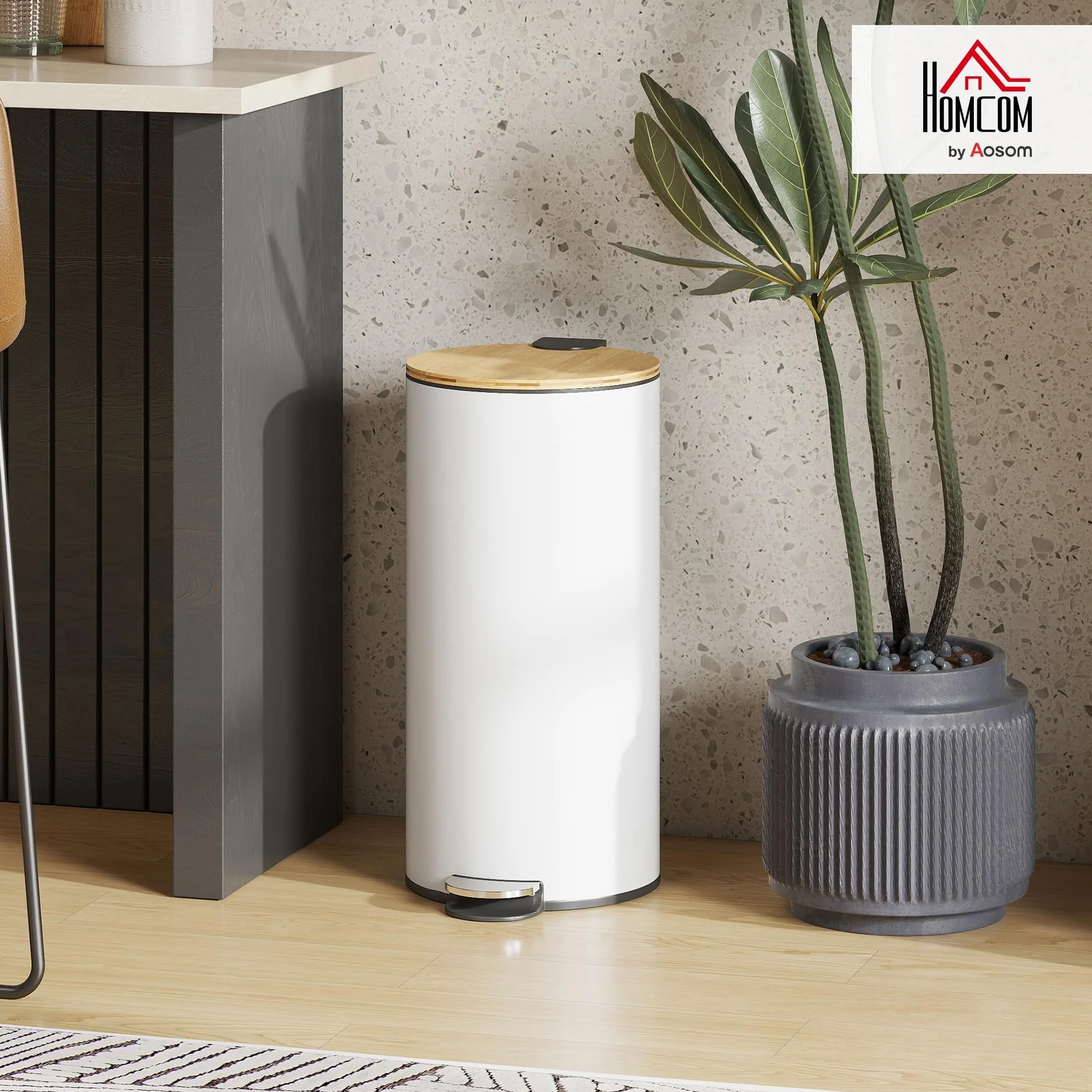 HOMCOM Poubelle Cuisine 30L Poubelle à Pédale Métal Seau Intérieur Amovible Couvercle Bambou Fermeture Douce Blanc