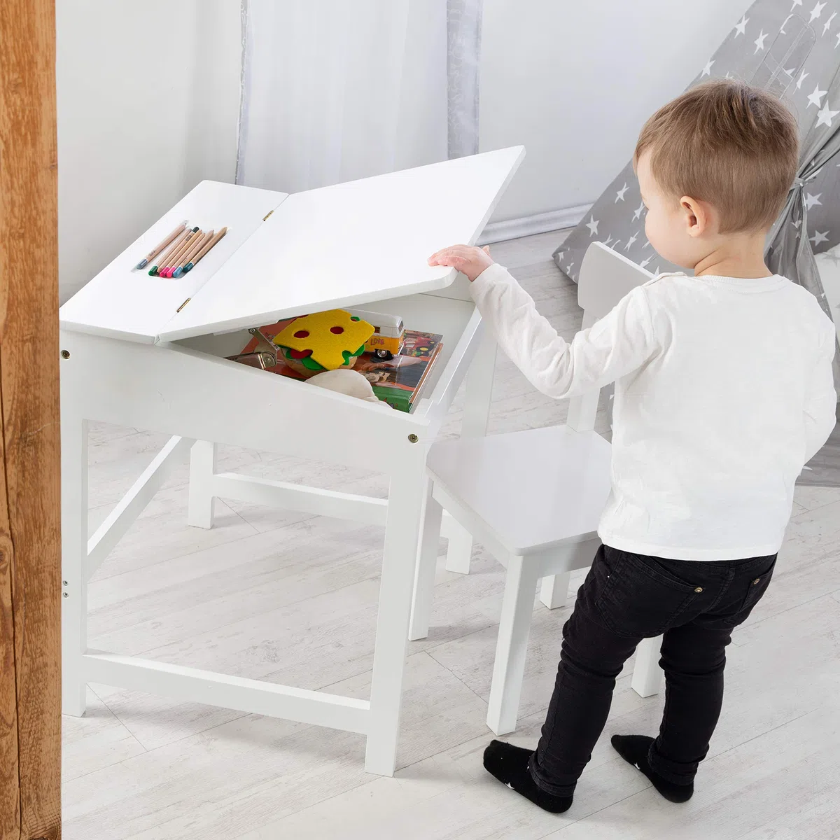 roba Bureau Bébé et Enfant avec Chaise et Espace de Rangement - Pupitre d'École - Blanc