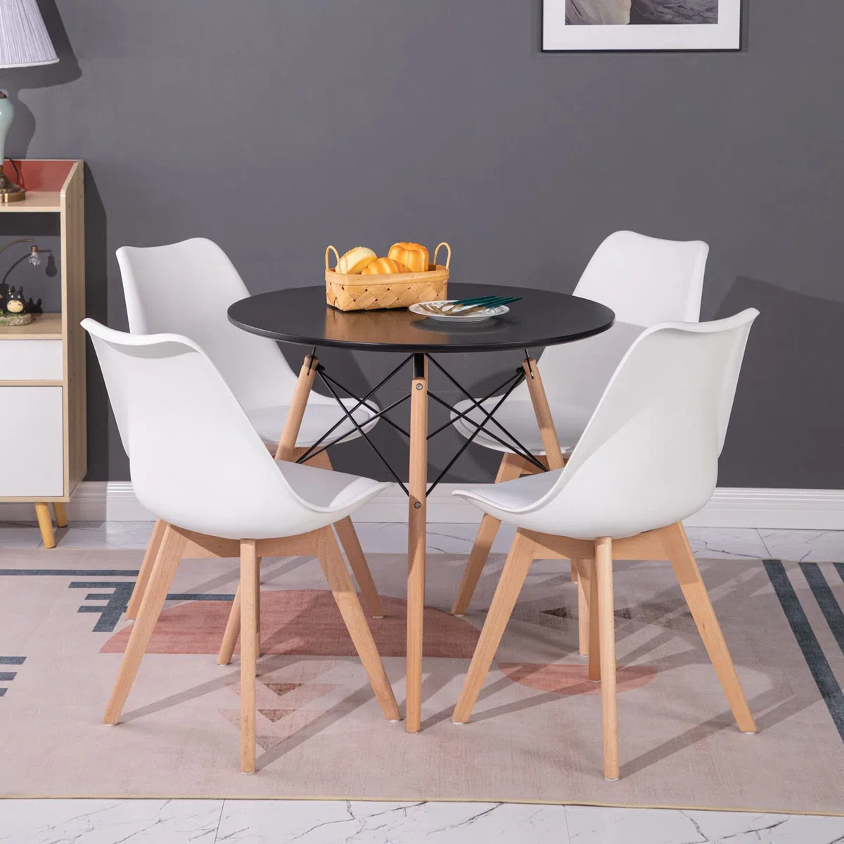 Ensemble de Salle à Manger Ronde avec 4 Chaises pour Salon, Cuisine, Bureau (Table Noire + Chaises Blanches)