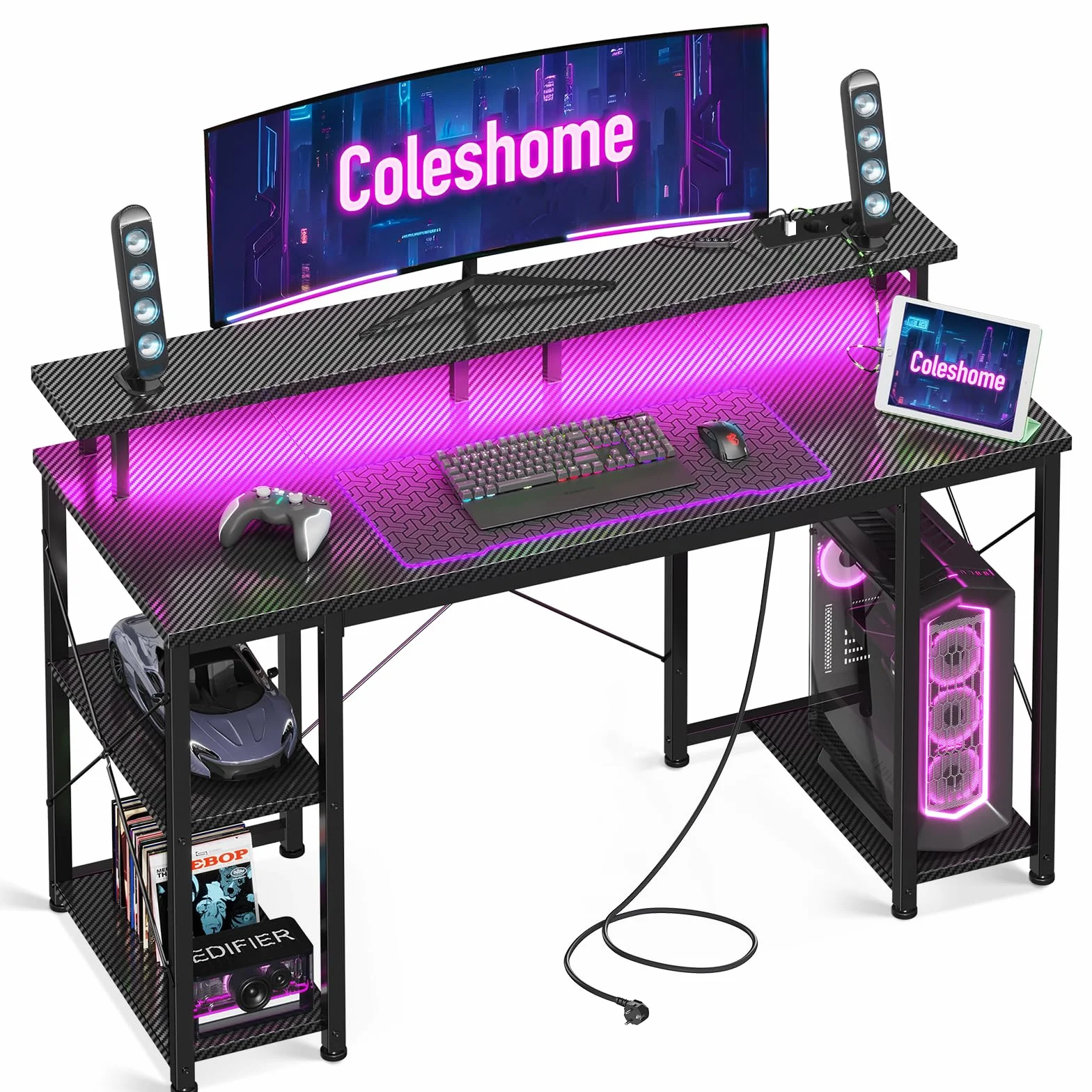 Coleshome Bureau Gaming avec éclairage LED, 120x50cm Bureau Ordinateur avec 2 Prises électriques & 2 Ports USB, Bureaux Informatique avec Support d'écran, Petit Bureaux à Domicile, Noir Carbone