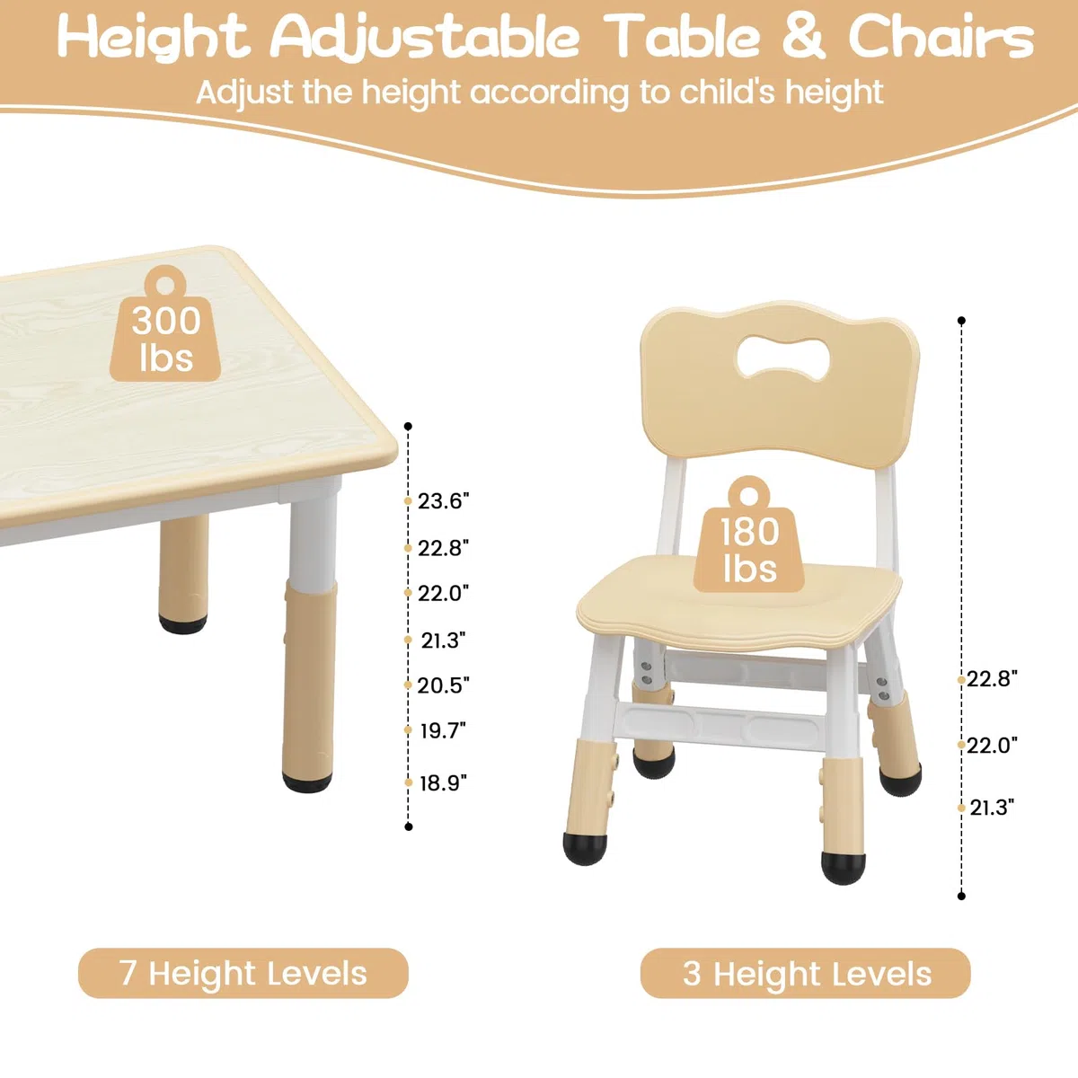 Table Enfant avec 4 Chaises, Ensembles de Table et Chaise Enfant pour Maternelle Creche,Réglables en Hauteur,avec Plateau Graffité et Coussin Anti-dérapant—Couleur Bois