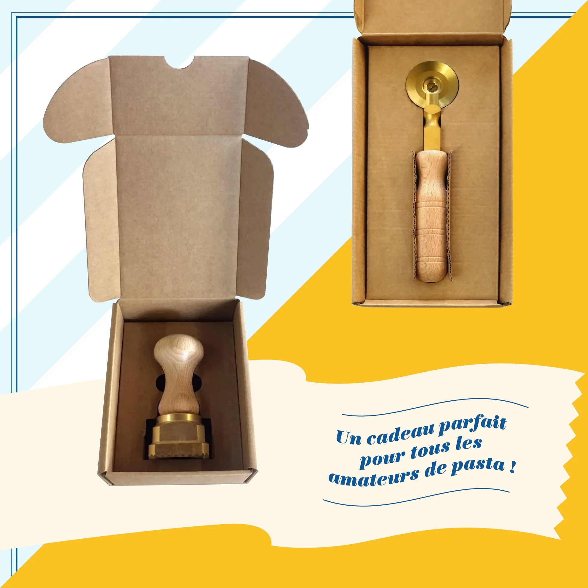 La Gondola Lot de 2 Roulettes Coupe-Pâtes - Roue Lisse et Roue Décoré | Outils de Préparation des Fait Maison Pâtes | Laiton & Bois Naturel Roulettes Découpe | Roulettes à Ravioli Fabriqué en Italie