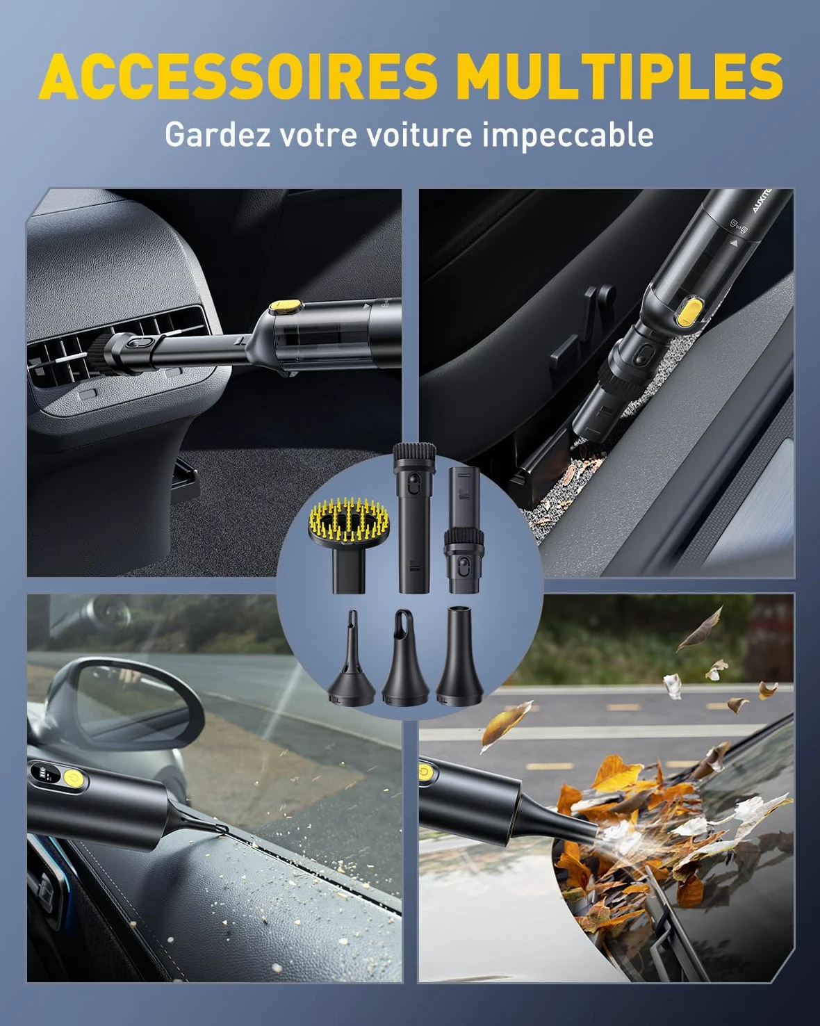 AUXITO Aspirateur à Main sans Fil,Aspirateur Voiture Puissant 24000pa,30 Minutes d'autonomie,4 en 1 Aspirateur De Voiture avec Brosse pour Animaux,Mini Aspirateur pour Voiture,Maison,Bureau(Sombre)