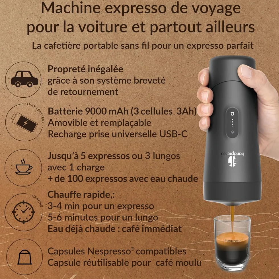 Handpresso Auto | Machine à café expresso portable 19 bars pour voiture et voyage | compatible capsule expresso/capsule réutilisable | Cafetière de voyage compacte, sans fil et rechargeable USB-C