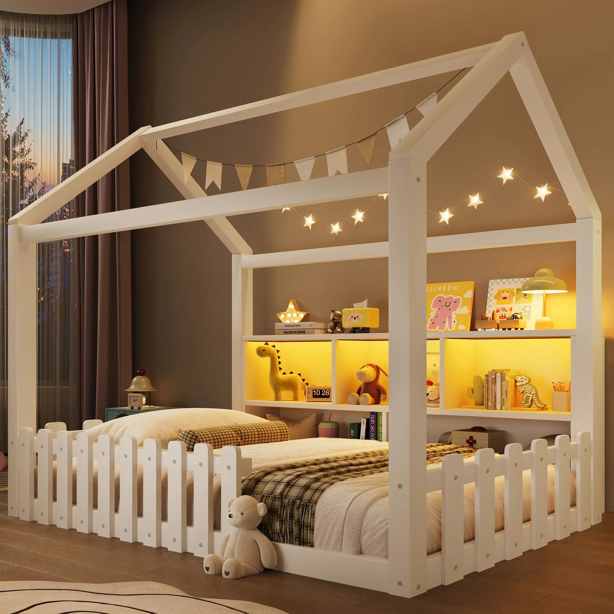 Lit cabane Enfants 90x190 cm avec LED,lit Enfant avec Barriere,lit Enfant cabane lit au Sol Enfant,Compartiments de Rangement Ouverts, Design Maison,Bande de Maison,Bois de pin,Blanc