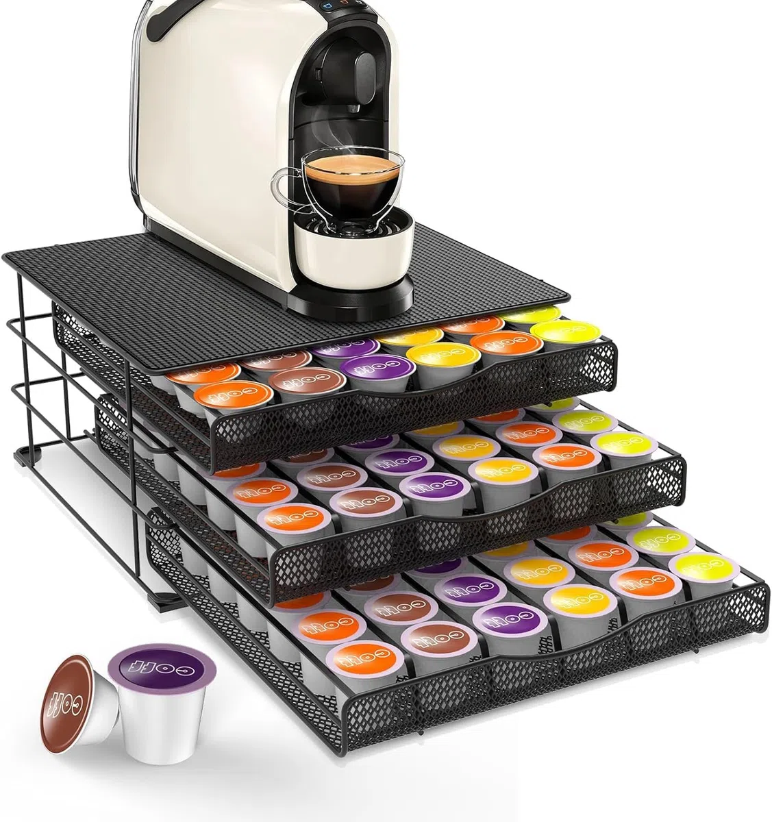 Masthome porte capsules Dolce Gusto 3 tiroirs métal, grande capacité 108 dosettes avec tapis EVA anti vibration antidérapant, rangement café pour maison, cuisine, bureau, salle de pause, noir sobre