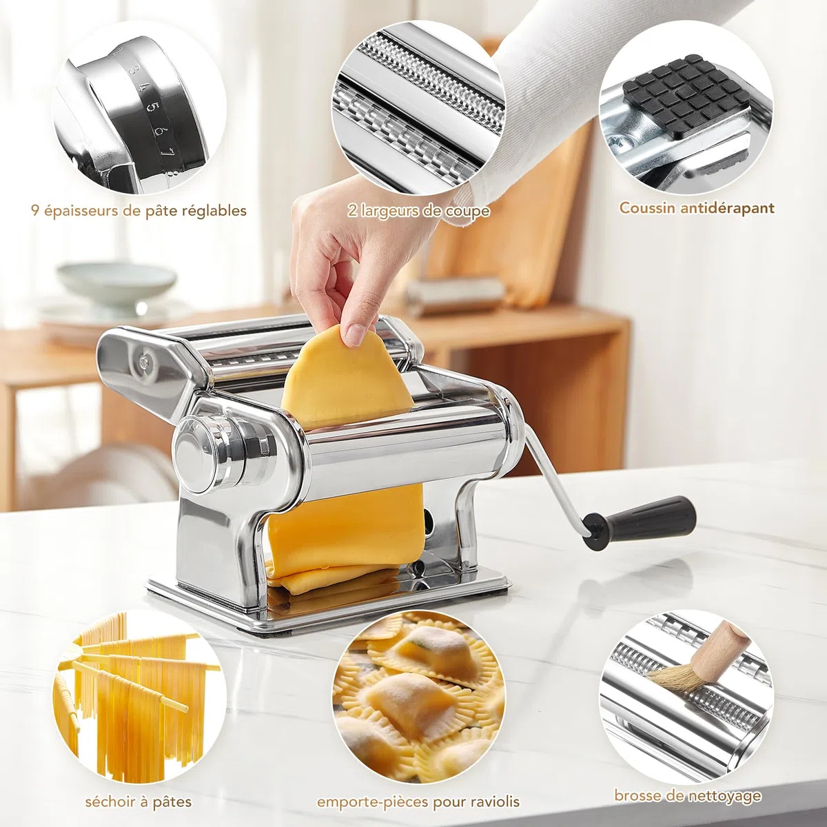 ROSSETTO Machine à pâtes manuelle avec séchoir – En acier inoxydable avec 9 épaisseurs de pâte et 2 largeurs de coupe – Pour lasagnes, spaghettis, fettuccine – Raviolis