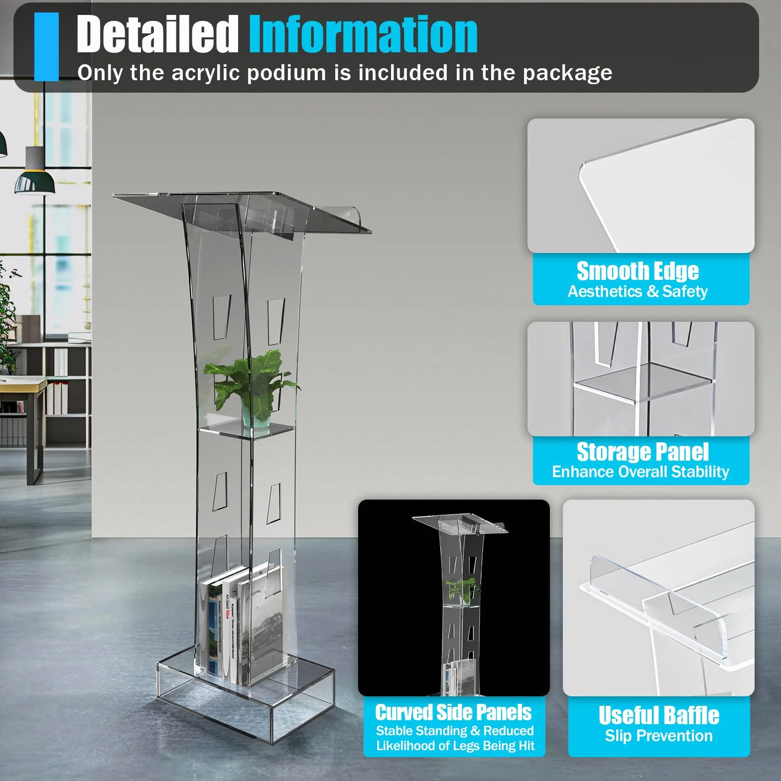 Pupitre de conférencier en acrylique transparent LED avec plateforme de lecture verticale - Podium pour discours