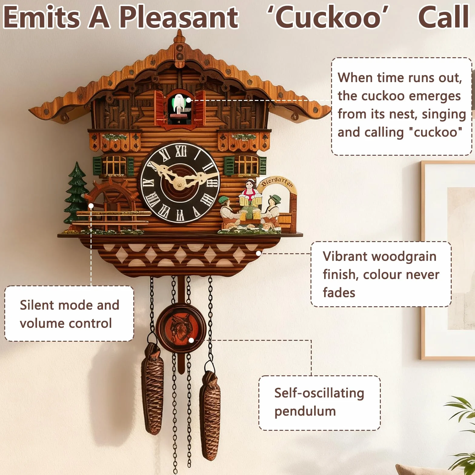 Horloge coucou en bois fait main avec oiseau - Horloge murale à quartz antique avec contrôle du volume