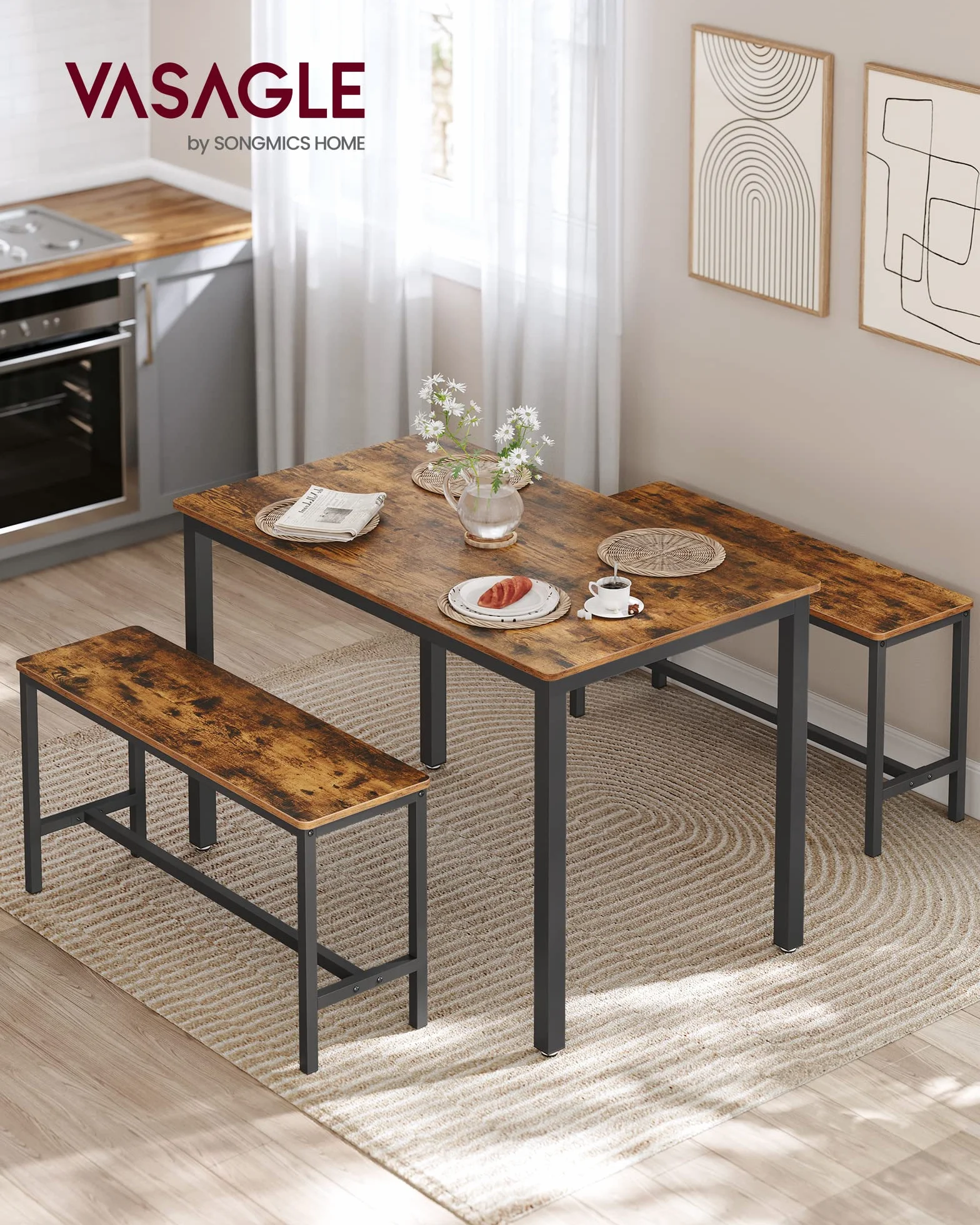 VASAGLE Table à Manger avec 2 Bancs, Ensemble de 3 Meubles, Table de Salle à Manger de 70 x 110 x 75 cm, 2 Bancs de 30 x 97 x 50 cm, Cadre en Acier, Marron Ruatique et Noir d'encre KDT070B01