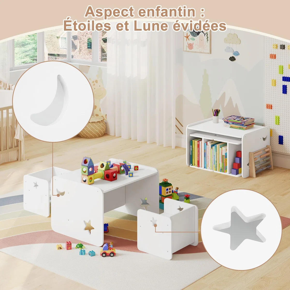 WOLTU Ensemble de Table et Chaises pour Enfant, Table Enfant avec 2 Chaises, pour Crèche, Jardin d'enfants, Salle à Manger, Blanc