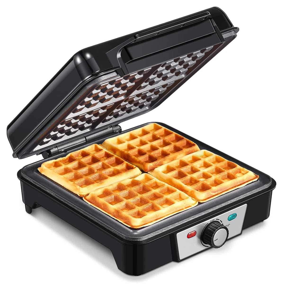 Gaufrier Belge 1200W, Contrôle de Température à 5 Vitesses, Appareil a Gauffre Electrique, Poignée Thermo-isolante, Lumière de Cuisson, Machine à Gaufres Professionnel