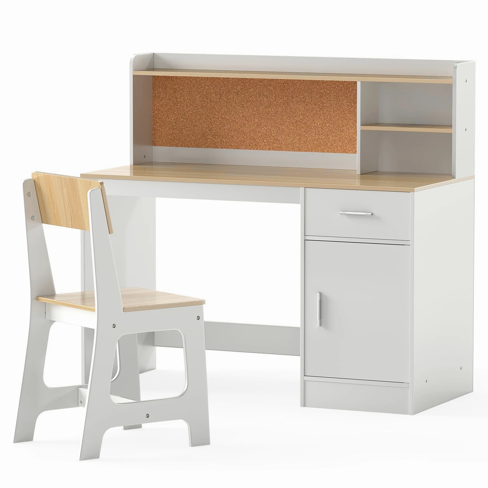 LIFEZEAL Ensemble de Table et Chaise pour Enfants, mobilier Multifonctionnel pour Enfants, Bureau avec étagère, tiroir, Armoire, Tableau en liège, Tabouret Ergonomique avec Dossier incliné (Naturel)
