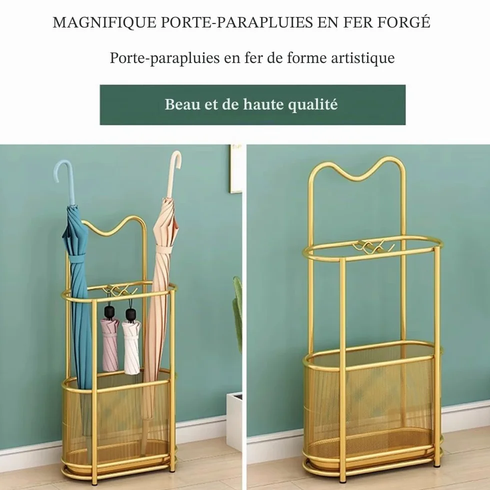 Porte-parapluie en métal doré support autoportant avec crochets et plateau d'égouttement