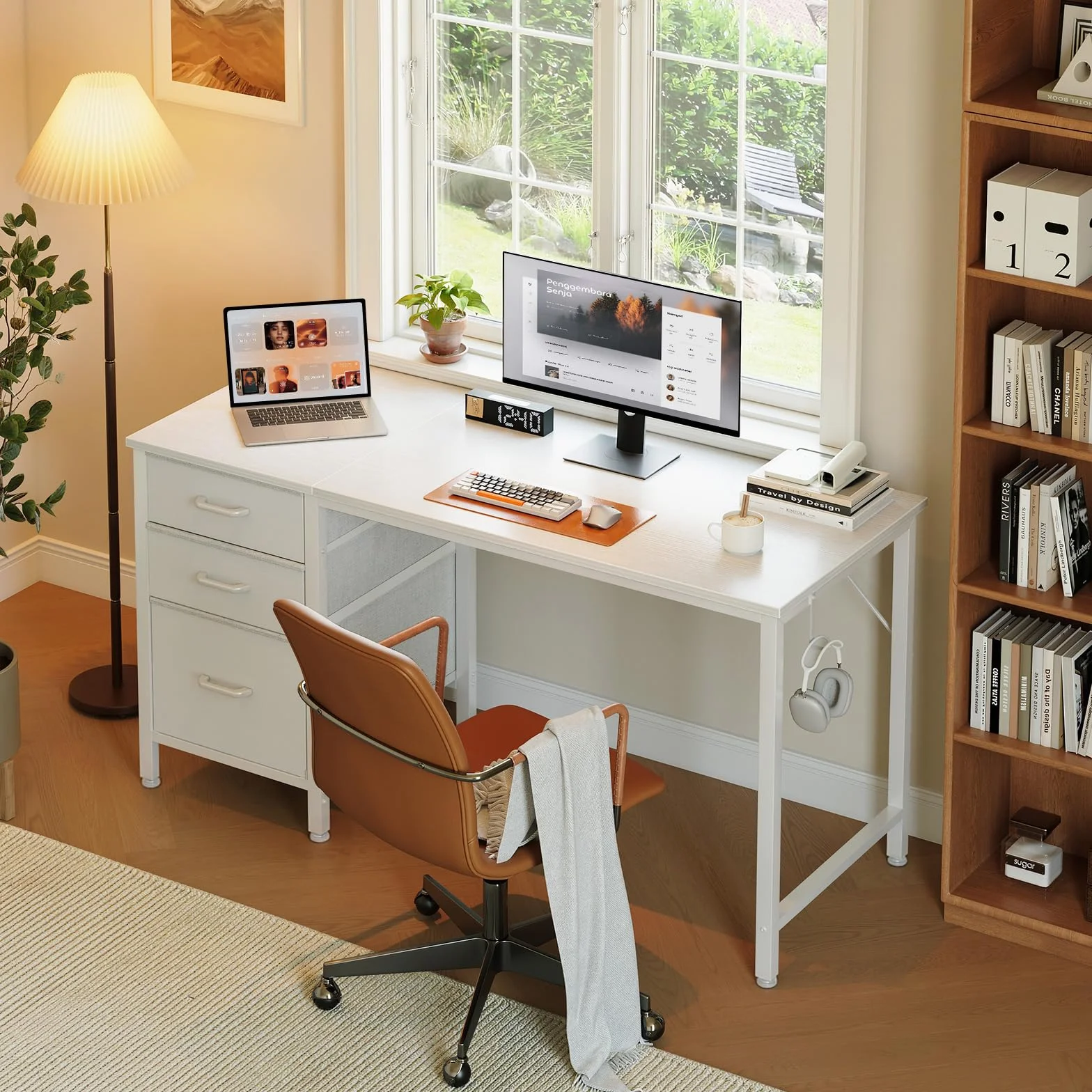 Coleshome Bureau avec 3 Tiroirs en Tissu, 120x48cm Bureaux Informatique avec Porte-Casque, Blanc Bureau D'ordinateur Réversible pour Petit Bureaux à Domicile