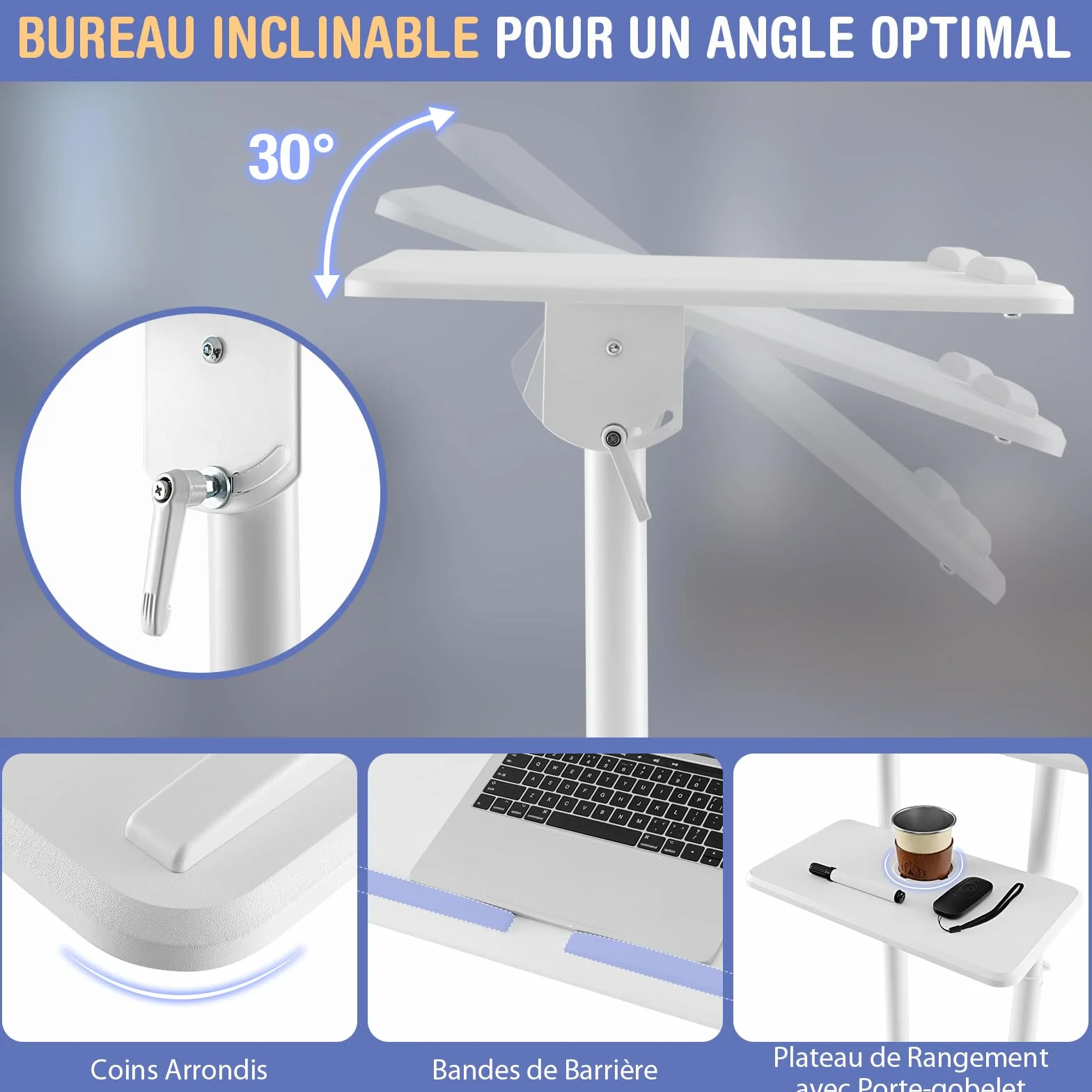 GYMAX Pupitre Mobile avec Roulettes Verrouillables, Hauteur Réglable 104-128cm, Plateau Inclinable Bureau Assis-Debout (Blanc)