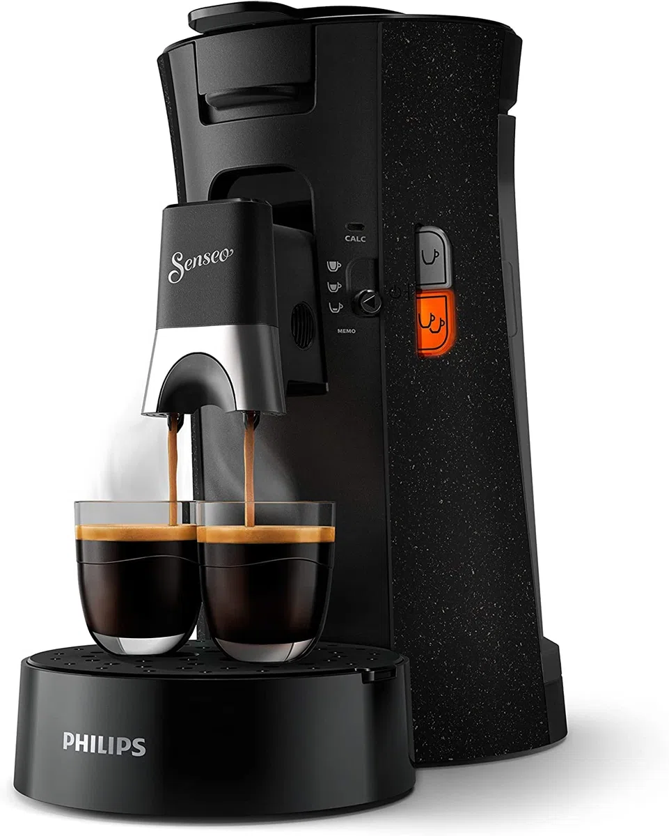 Philips Domestic Appliances Senseo Select Eco Machine à dosettes à café – Choix de la force du café Plus Fonction Memo en plastique recyclé, 1450 W, Noir/Moucheté (CSA240/20)