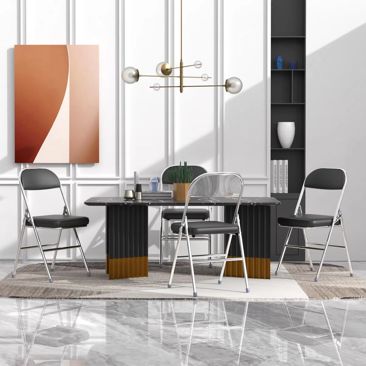 Lot de 4 Chaise Pliante, Chaises de Salle à Manger en PU, Cadre en métal, avec Dossier, 46x41x80.3cm, pour Salon, Bureau, Salle à Manger, Noir