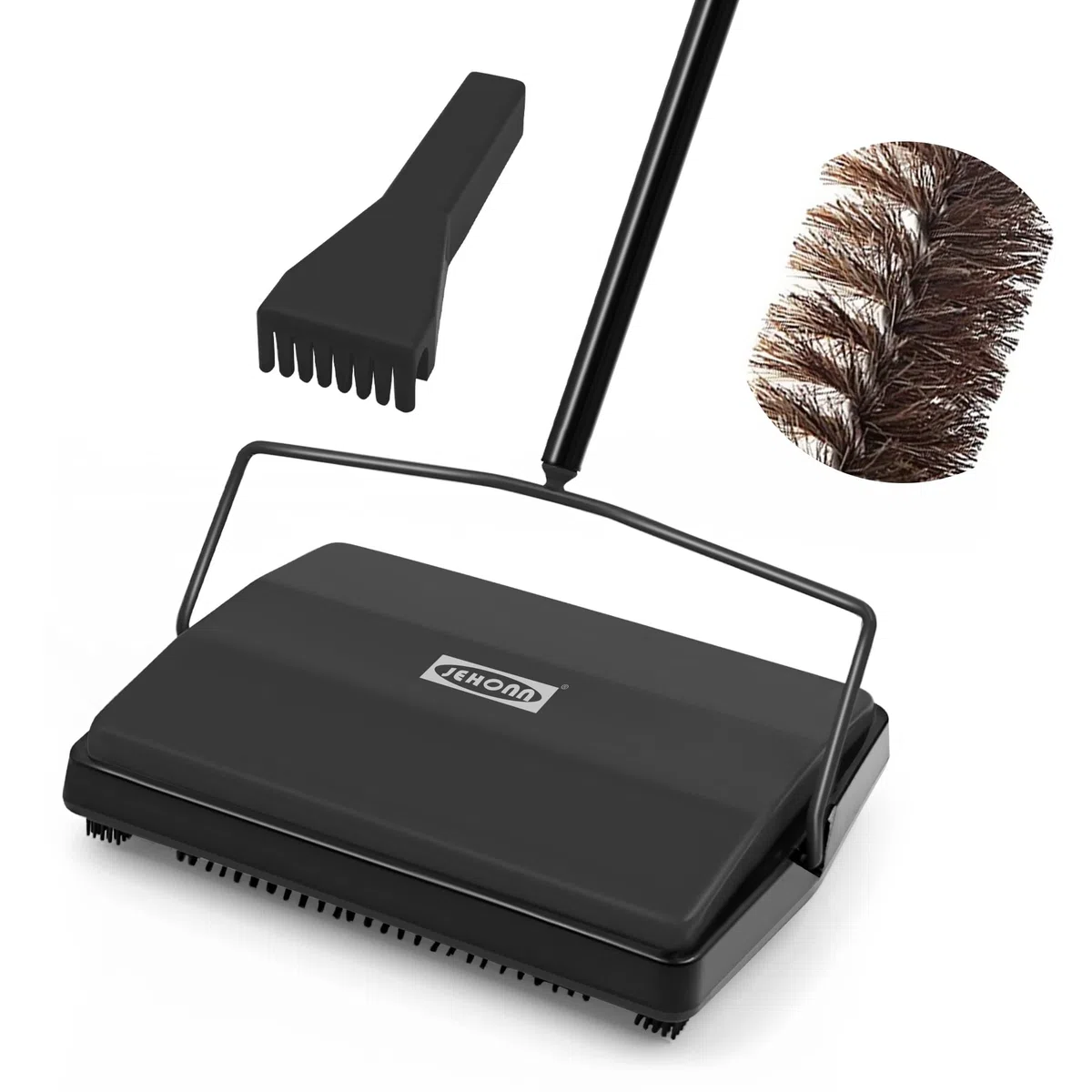JEHONN Balai Mécanique Manuel à Cheveux de Cheval, sans Électricité, pour Tapis et Moquettes (Noir)