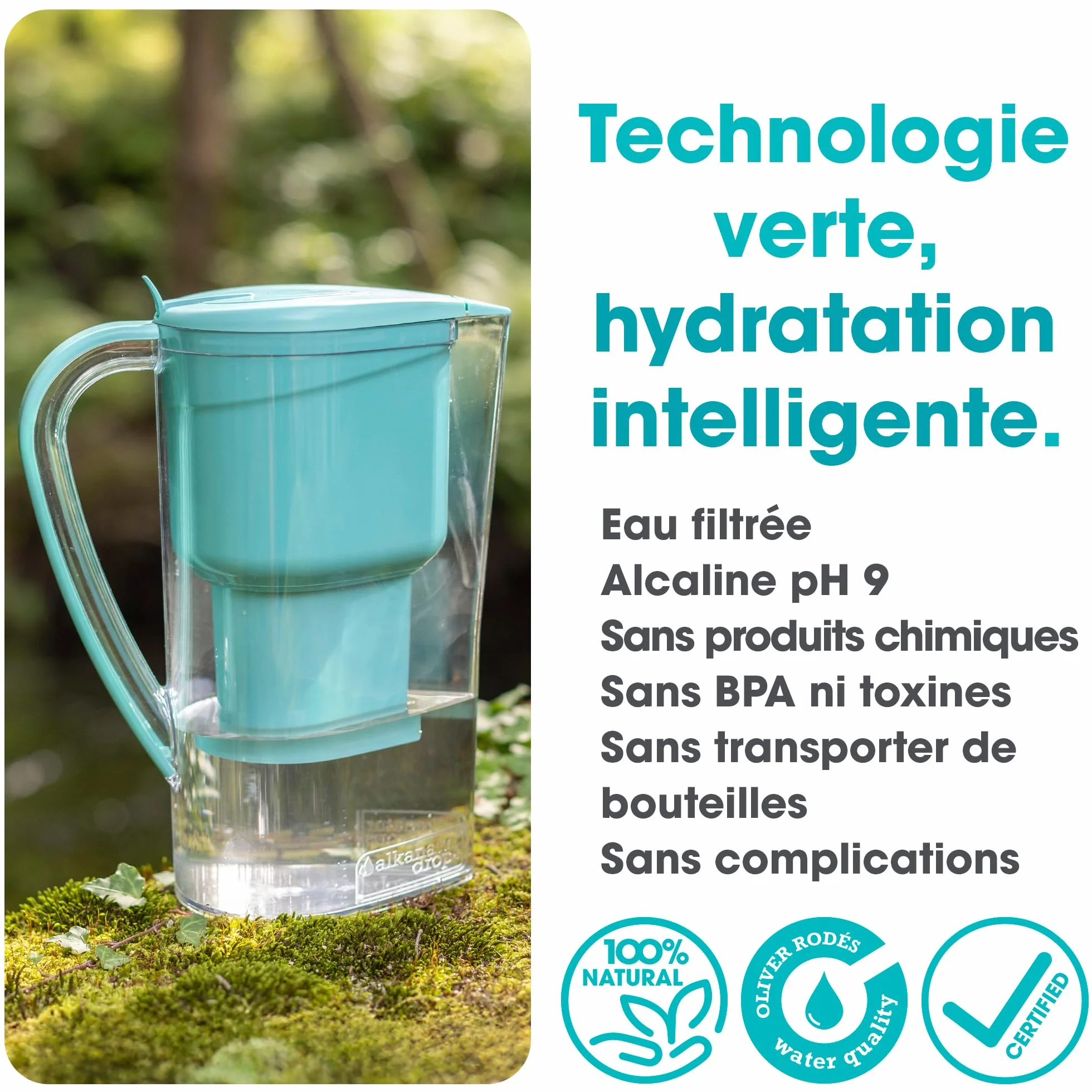 Carafe Filtrante Charbon Actif Eau Maison Alkanatur avec Filtre Basse Émission Sans Resine Ajoute Magnesium Fabrication Europeenne pH 9 Capacité 1.4L Water Filter Jug Hydrogène Élimine Métaux
