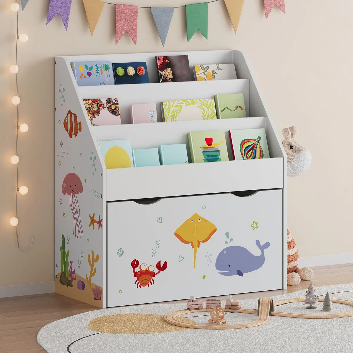 [en.casa] Étagère pour Enfants avec 3 Compartiments de Rangement Ouverts et 1 Tiroir sur roulettes Meuble de Stockage Coins Arrondis Panneau de Particules 70 x 63 x 30 cm Blanc Motif Aqua Dream