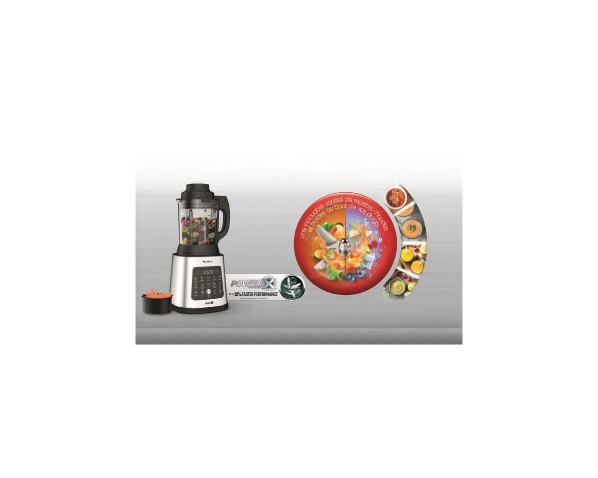Moulinex Perfectmix Cook, Blender chauffant haute performance, 10 programmes auto, Recettes chaudes et froides, 1 400 W, panier vapeur, LM83SD10