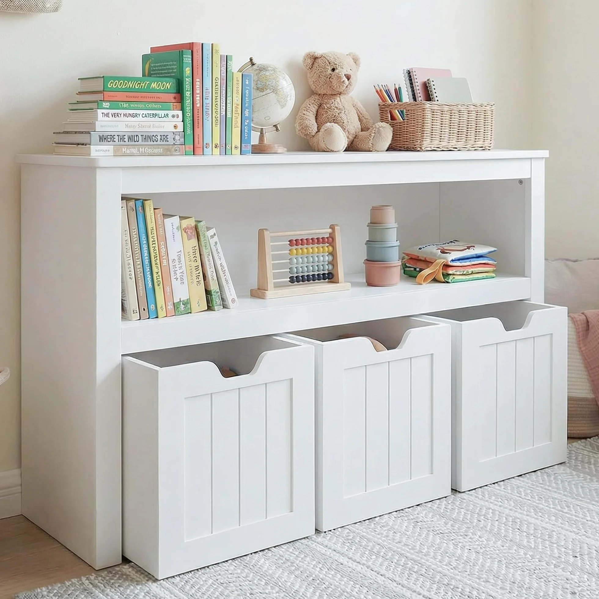 Leeshyah Meuble de rangement pour jouets pour enfants, bibliothèque et organisateur de jouets avec 3 boîtes de rangement à roulettes, unité de rangement pour chambre d'enfant, salle de jeux, chambre à