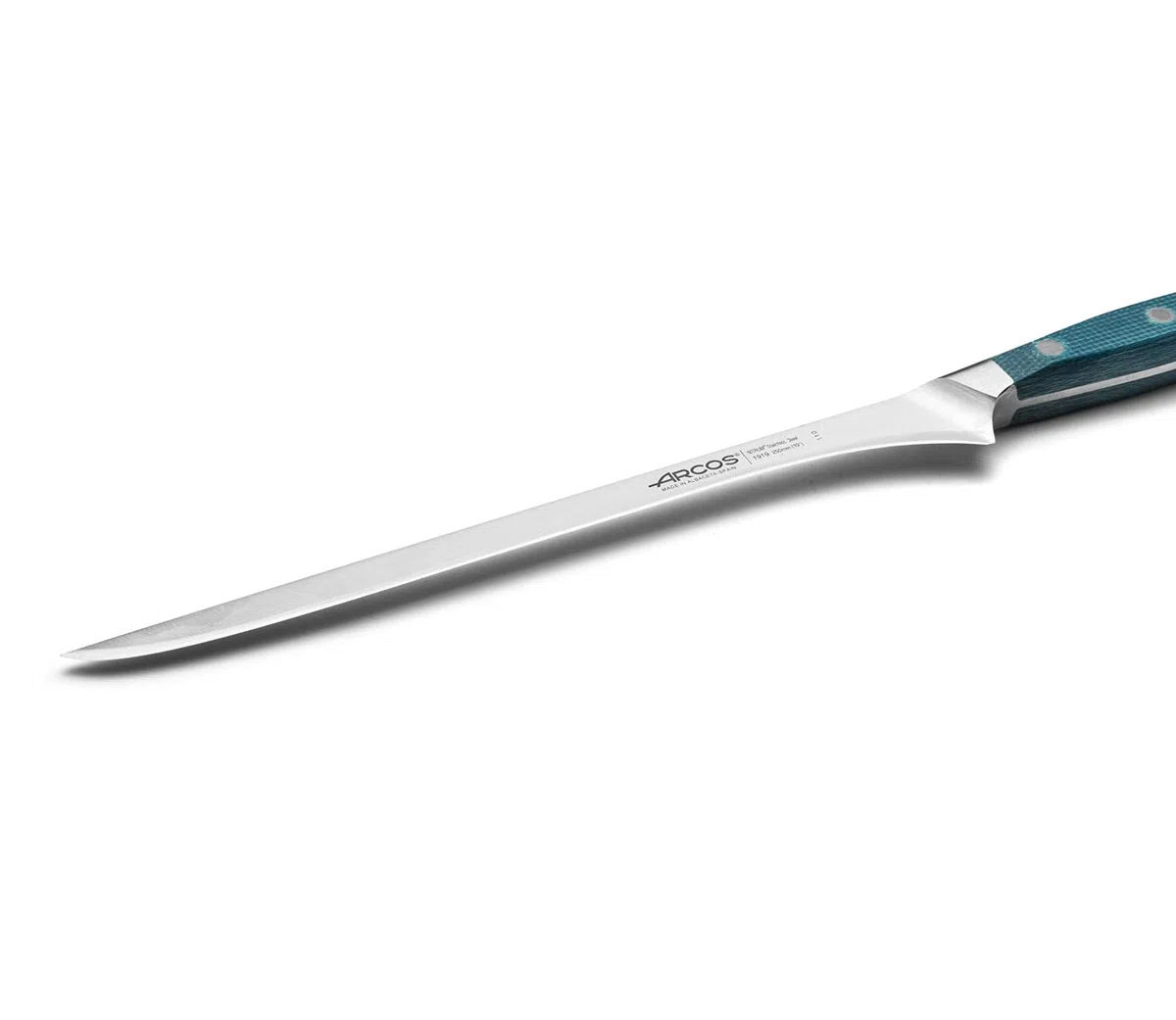 Arcos Couteau à Jambon Forgé avec Lame de 250 mm – Poignée en Micarta et Bord en Soie Spéciale, Plus Grand Confort et Résistance – Argenté, Série Brooklyn, Couleur Bleue