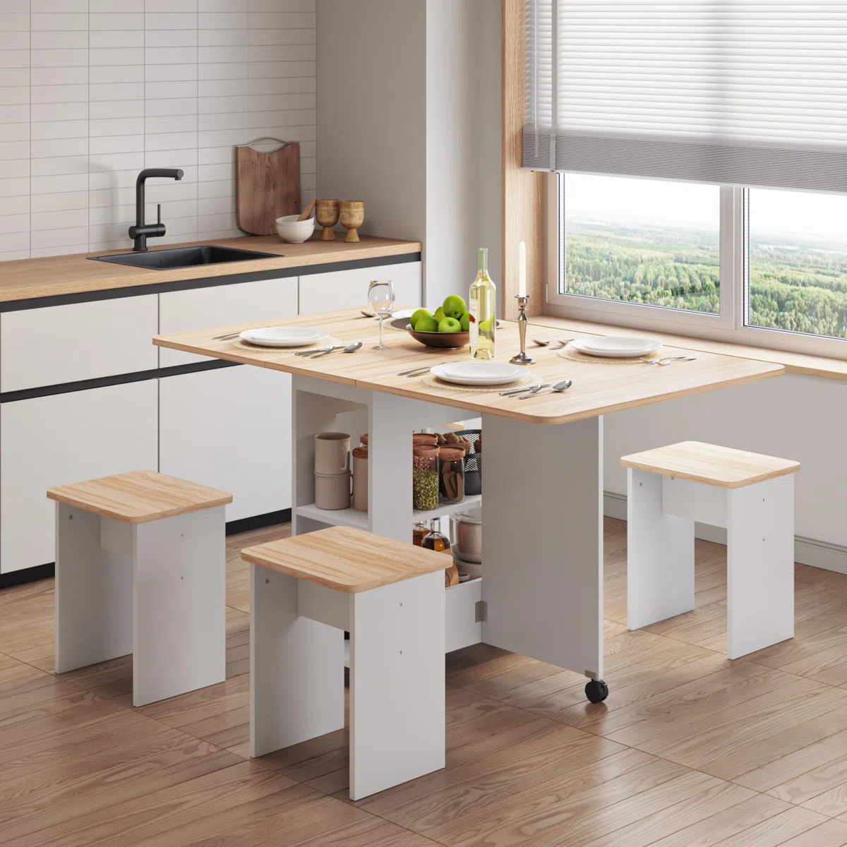 Mondeer Ensemble Table à Manger avec 4 Chaises, Ensemble Table à Manger Pliable avec Chaises pour Petits Espaces avec Etagères de Rangement, 120 x 80 x 80 cm, Chêne et Blanc