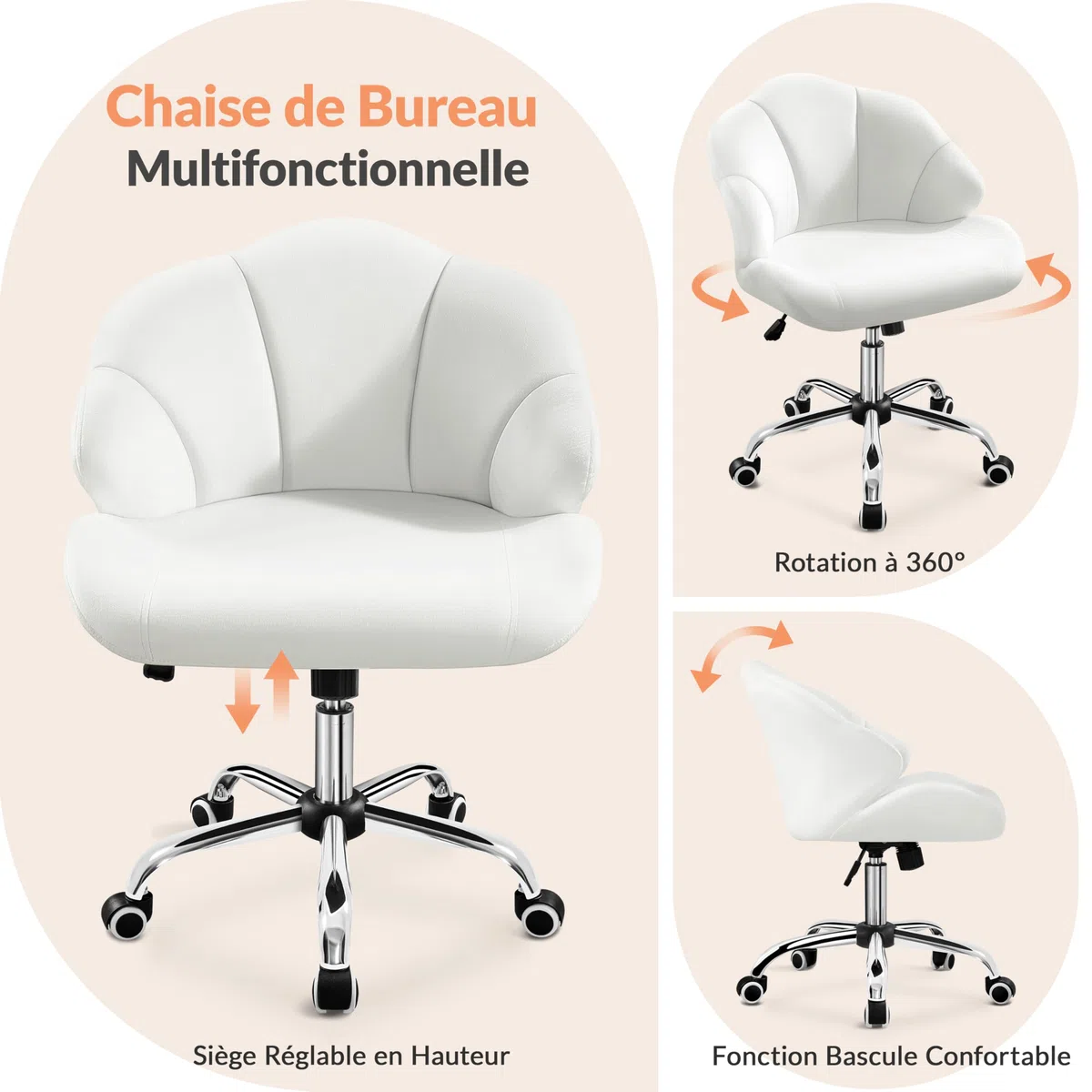 Yaheetech Chaise de Bureau Ergonomique Fauteuil Coquillage avec Dossier en Velours Réglable en Hauteur Chaise Pivotante Fauteuil Maquillage pour Bureau, Salon, Chambre Charge 136kg Blanc/Velours