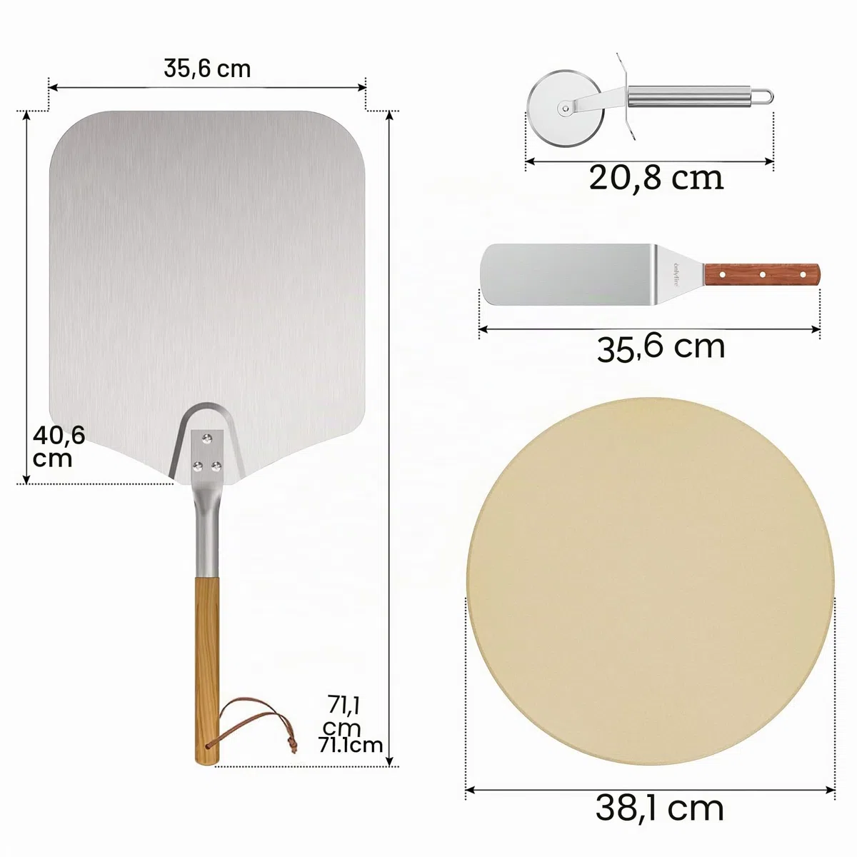 onlyfire Kit Accessoires Pizza 4 Pièces, Pierre à Pizza 38cm en Cordiérite, Pelle à Pizza Aluminium avec Manche en Bois, Roulette et Spatule Longue en INOX pour Grill, Barbecue et Four