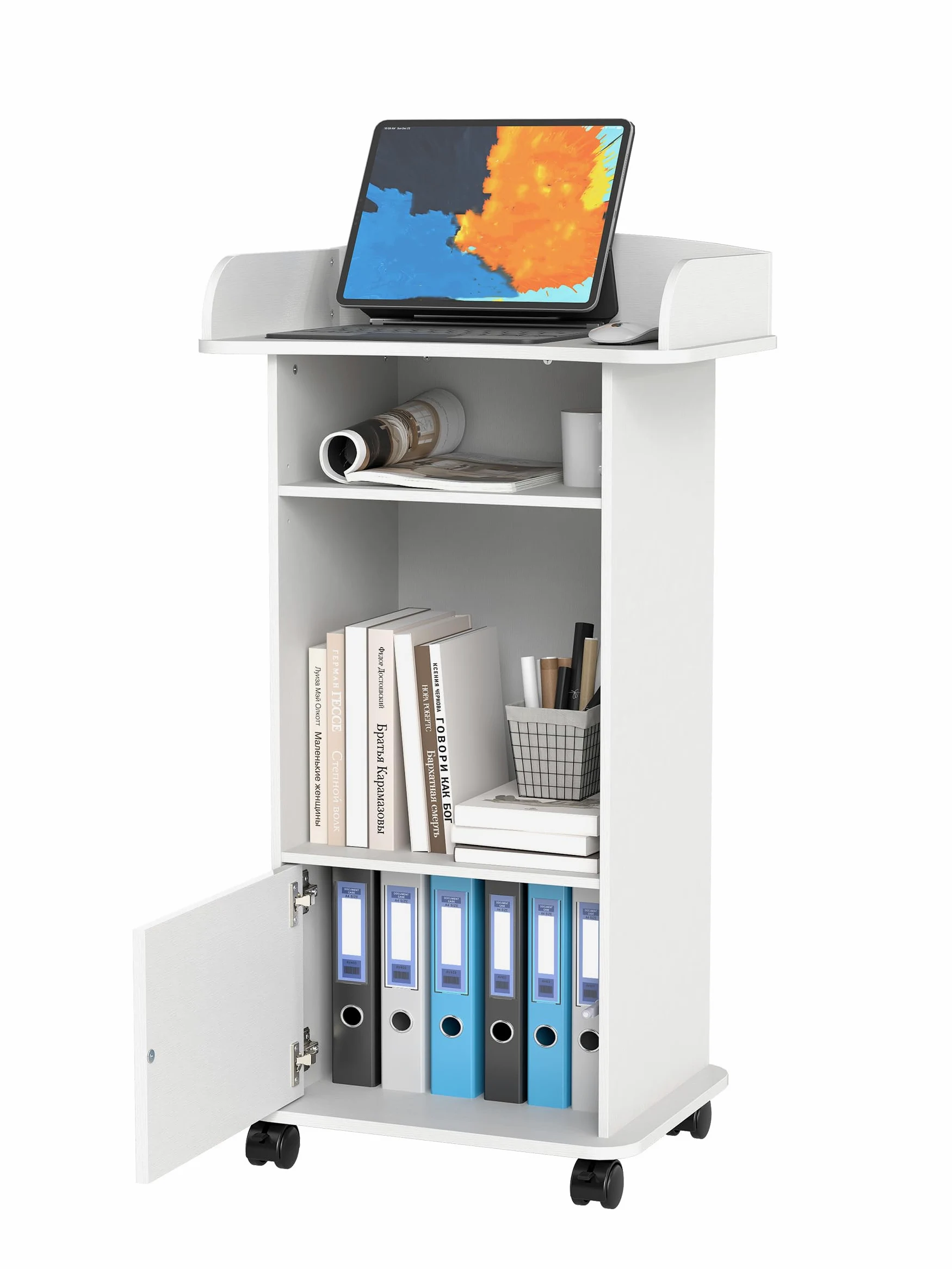 Turosur Pupitre en bois blanc avec étagère de rangement - Support de pupitre mobile avec roulettes