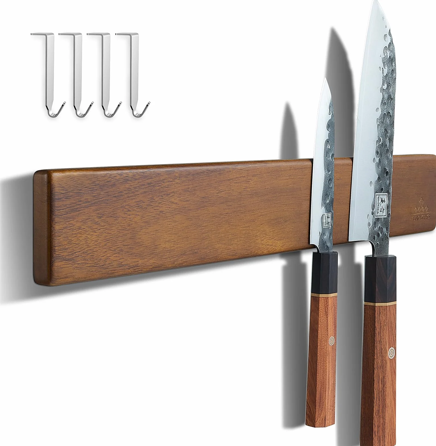 ENOKING Porte Couteaux Aimanté, Barre Aimantée Porte Couteaux de Cuisine avec 4 Crochets, 40cm Porte Couteaux de Cuisine Mural en Bois avec Aimant Extra Puissant pour range couteaux
