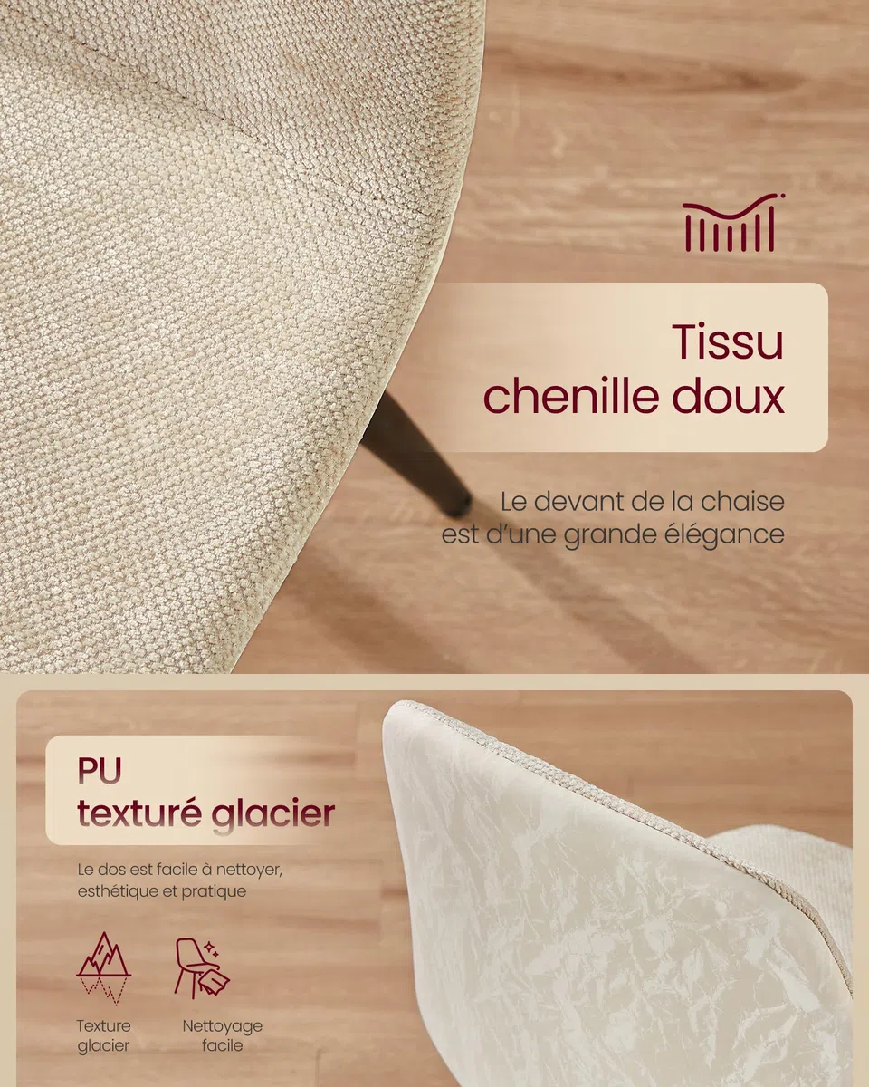 VASAGLE Chaises de Salle à Manger, Lot de 4, Support Métallique, Pieds Réglables, Nettoyage Facile, Chaises de Cuisine, Tissu Chenille, PU Texturé Glacé, Blanc Crème KDC188W01