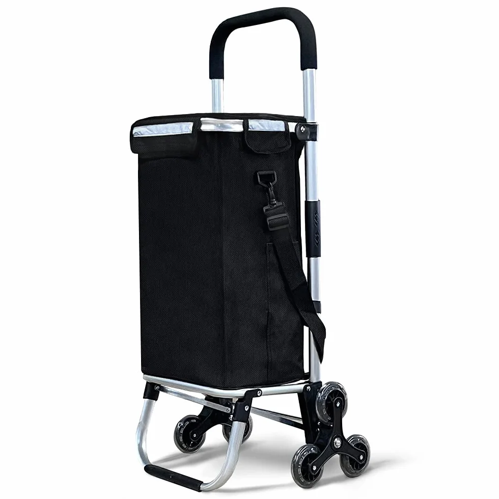 VOUNOT® Chariot de Courses 6 Roues en Aluminium avec Compartiment Impermeable Isotherme Caddie de Courses Pliable 3 en 1 Sac Chariot Montant Escalier Noir 58 L
