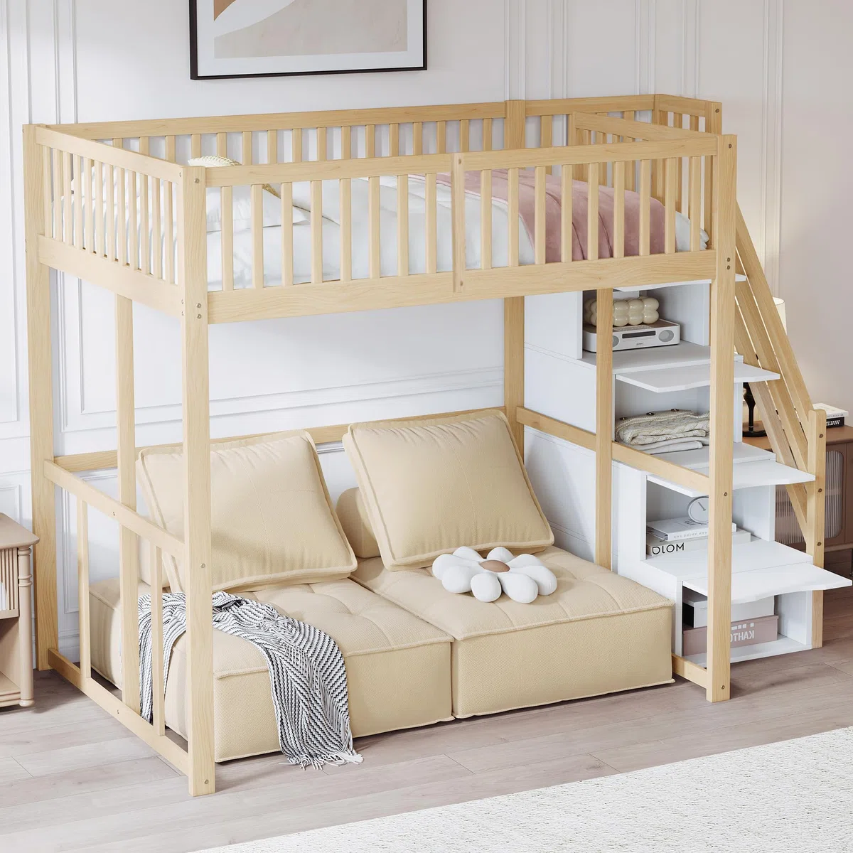 Merax Lit Mezzanine 140 x 200 cm, Multifonction Lit Enfant avec Espace de Rangement Escalier, Couleur Bois et Blanc (sans Matelas)