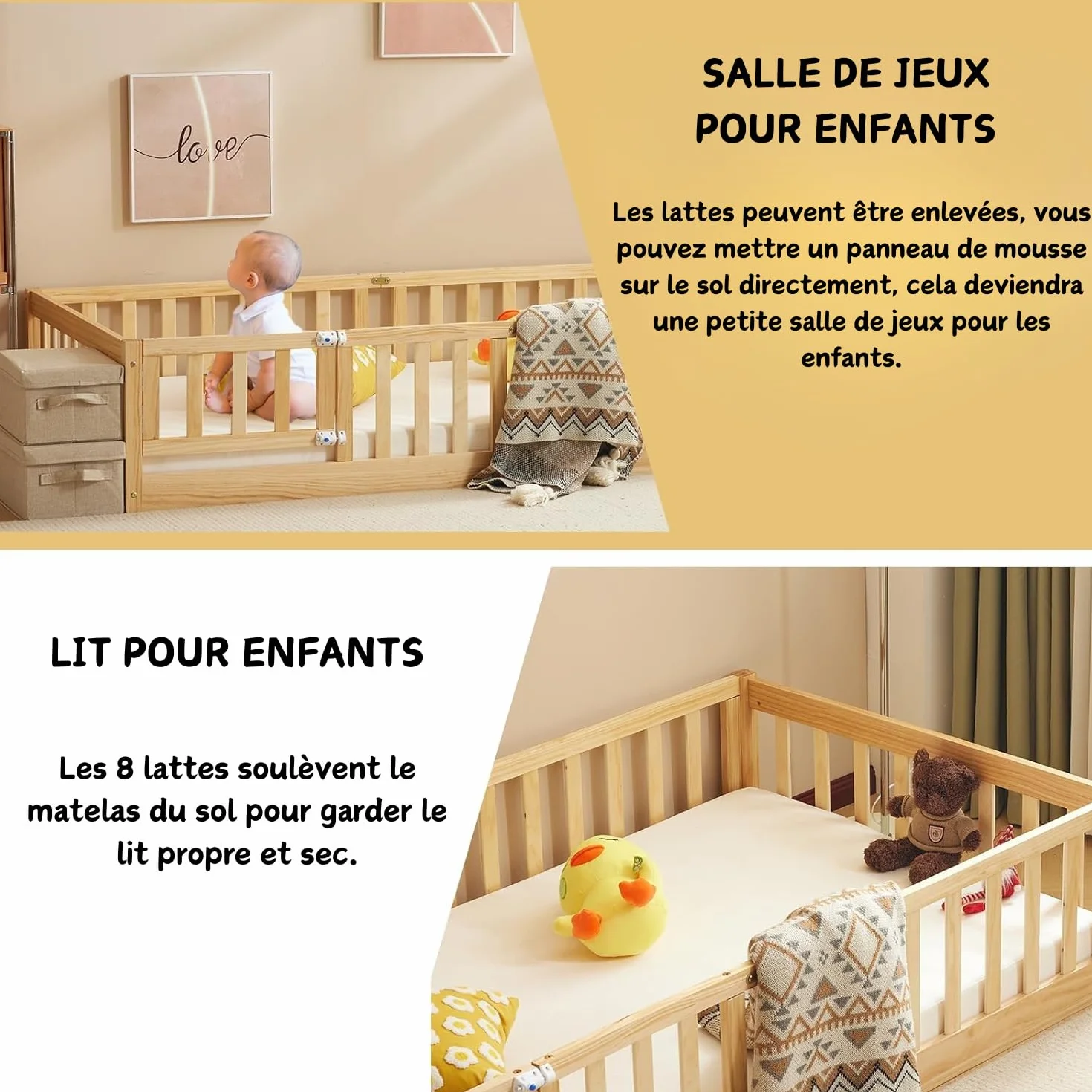 LALAHO Montessori Lit d'enfant Lit au Sol 90x190 cm - Bois Massif avec Porte et Barrière Sécurisée - 12 Lattes Renforcées, Garde-Corps Intégré - pour Enfants (Blanc)