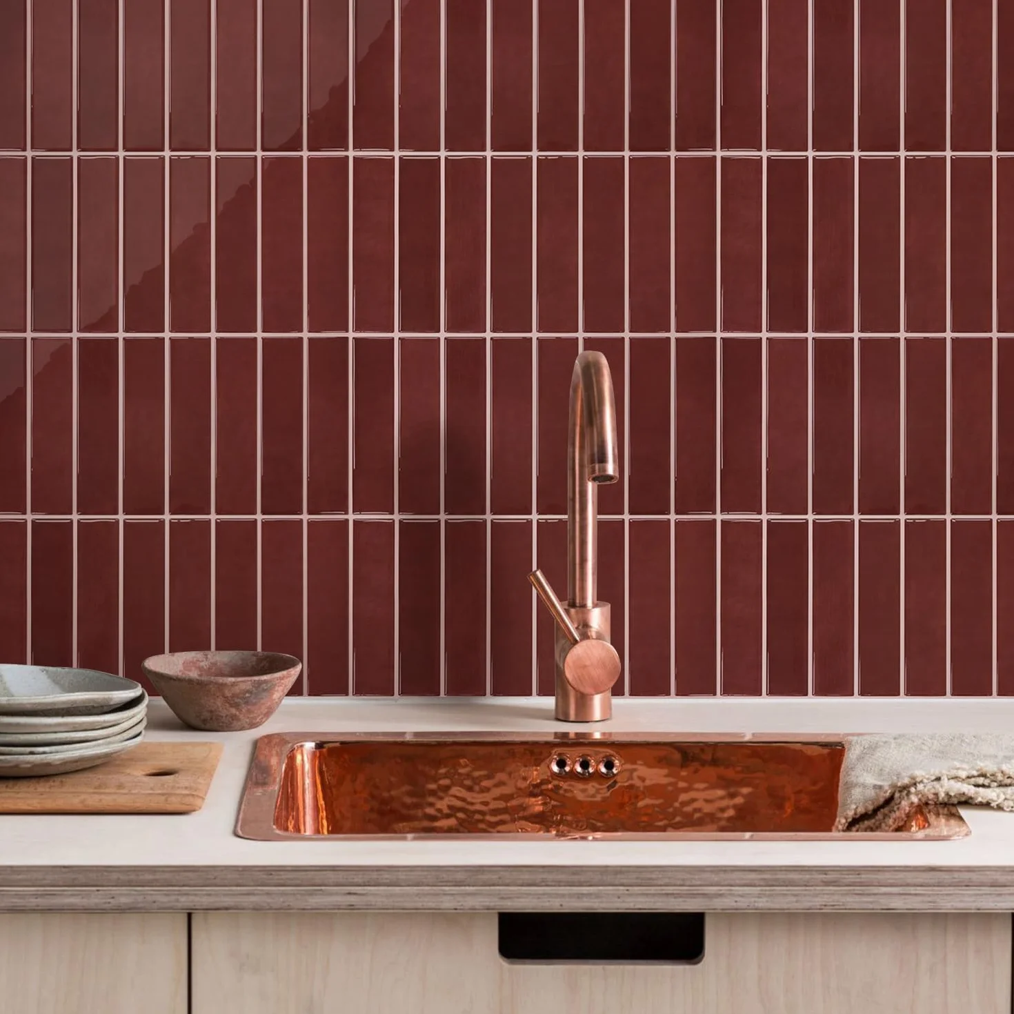 Crédence Adhésive Cuisine Rouge foncé 10 Pièces Carrelage Adhesif Mural Salle de Bain Vinyle 3D Métro Autocollant imperméable 30,5x30,5cm