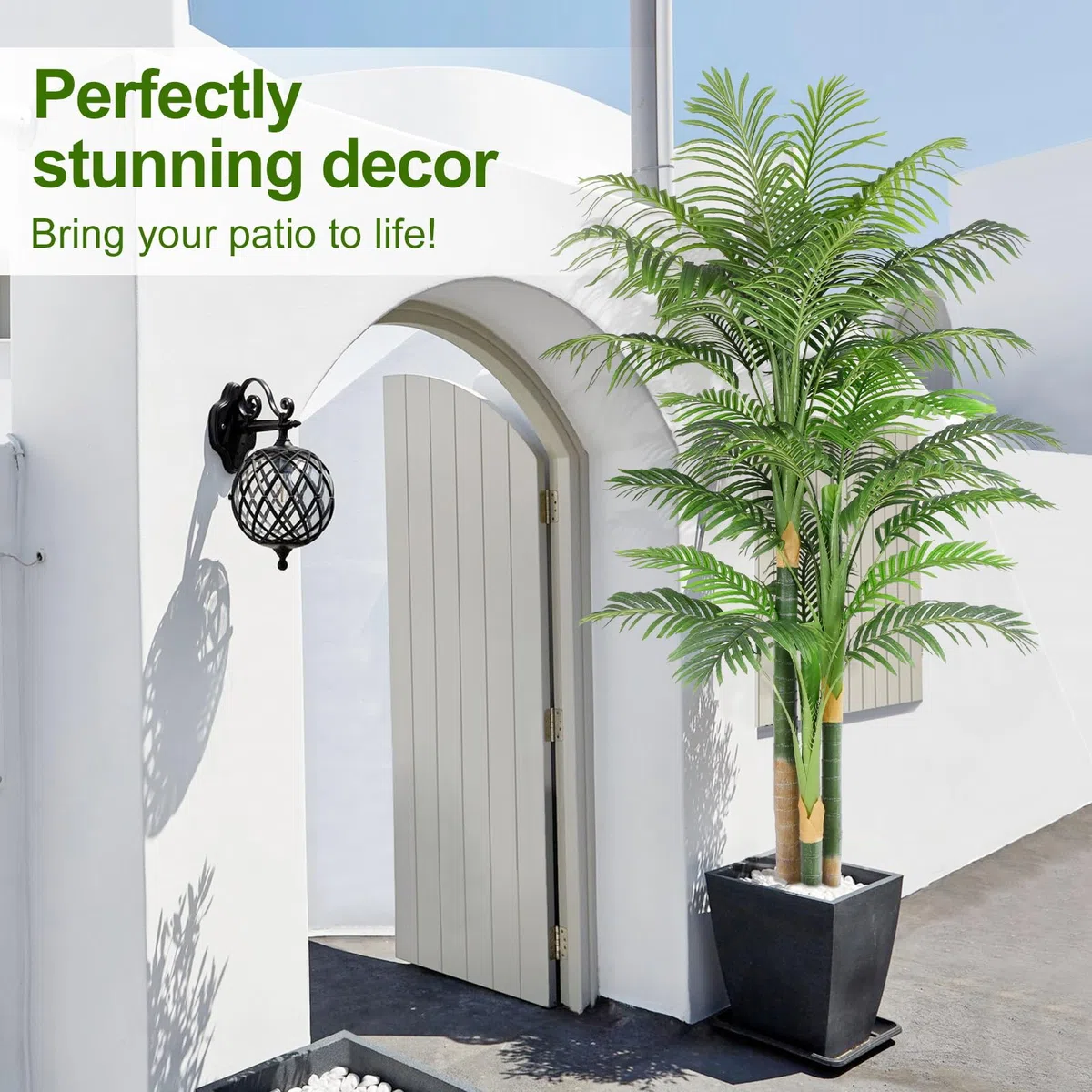 Palmier Artificiel Triple Doré 200cm Haute, Palmier Artificiel Exterieur, Arbre Artificiel Exterieur ou Intérieur pour Maison Chambre Bureau Salon Balcon Jardin Décoration (1Pack)