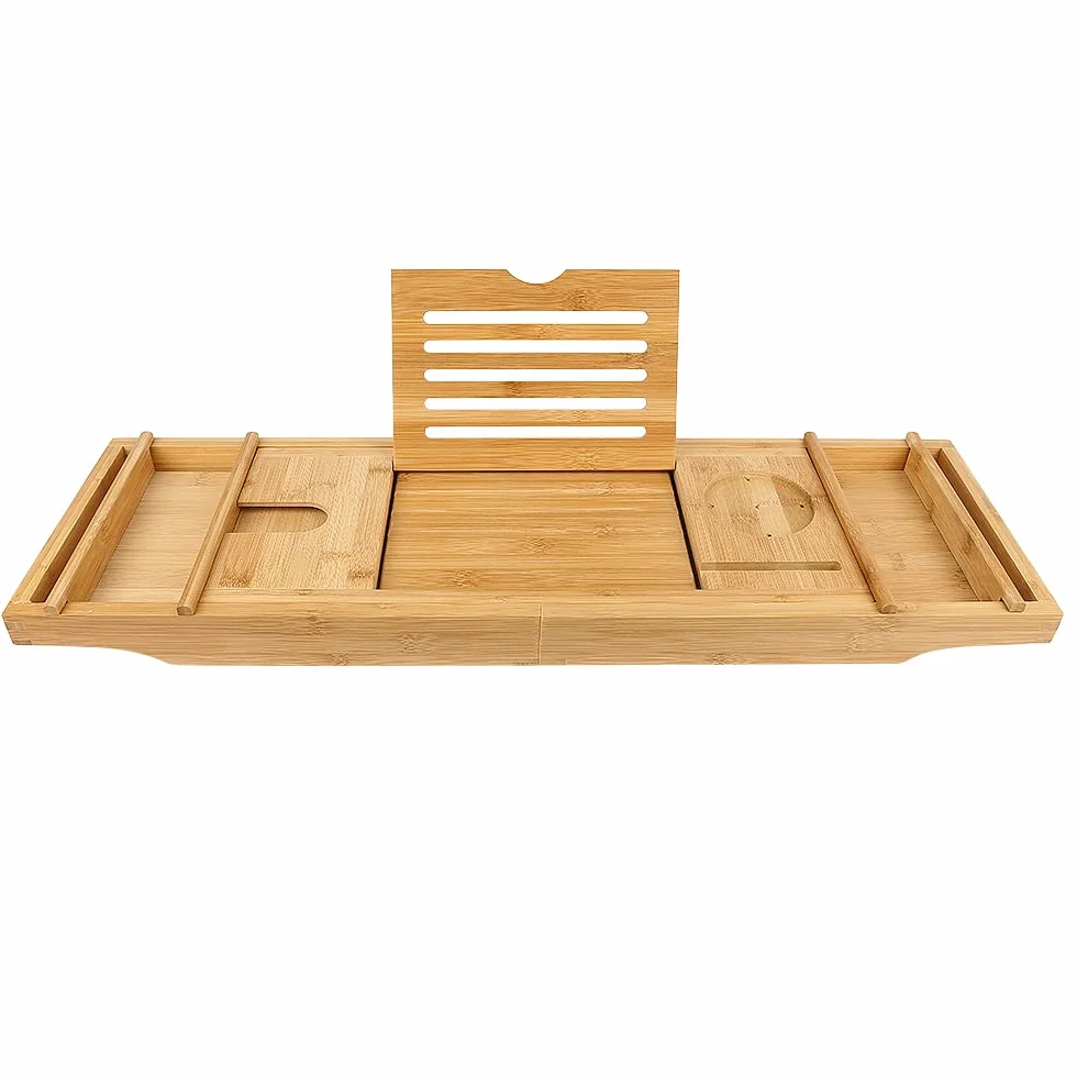 Plateau de Bain en Bambou, Pont de Baignoire Extensible, Etagère avec Rangement et Porte-Savon, 75-109cm
