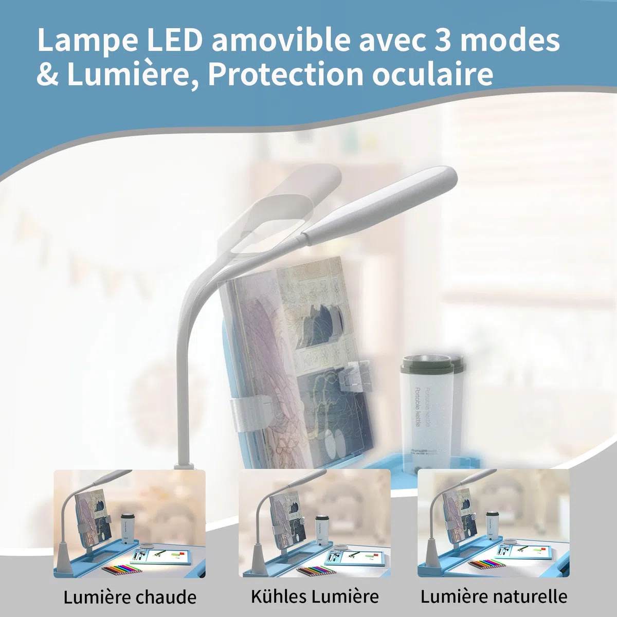 YLGJ&TIDY Ensemble de Table et de Chaises pour Enfants avec Lampe LED de Protection des Yeux, Bureau Enfant, Hauteur Réglable, Plateau Inclinable, Tiroir Multifonctions, Porte-Gobelet, Bleue