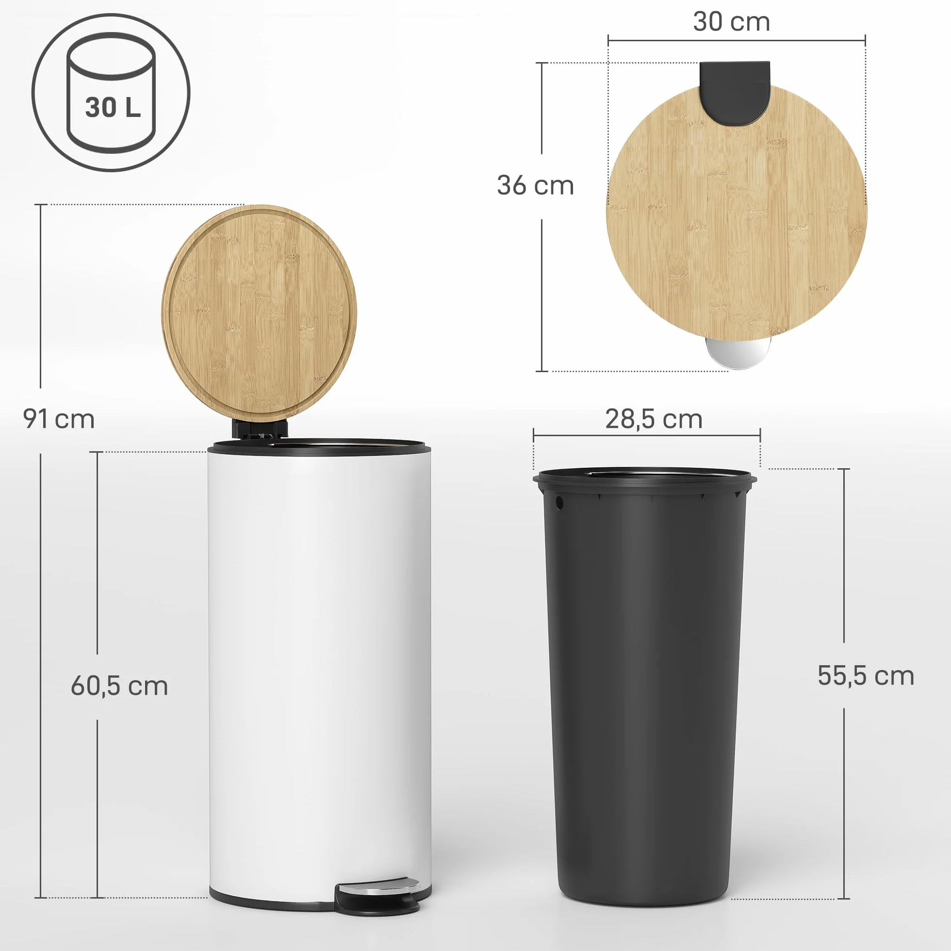 HOMCOM Poubelle Cuisine 30L Poubelle à Pédale Métal Seau Intérieur Amovible Couvercle Bambou Fermeture Douce Blanc