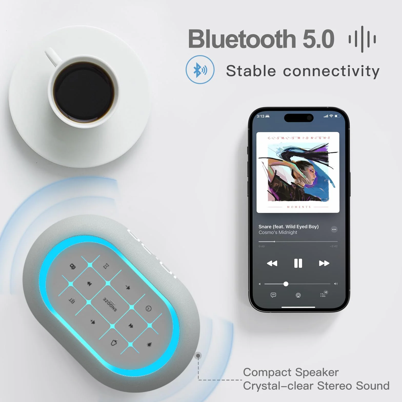 ANJANK Radio Réveil Bluetooth, 2 Haut-Parleurs Hi-Fi 10W, Veilleuse 7 Couleurs, Affichage 0-100%, 8 Sonneries