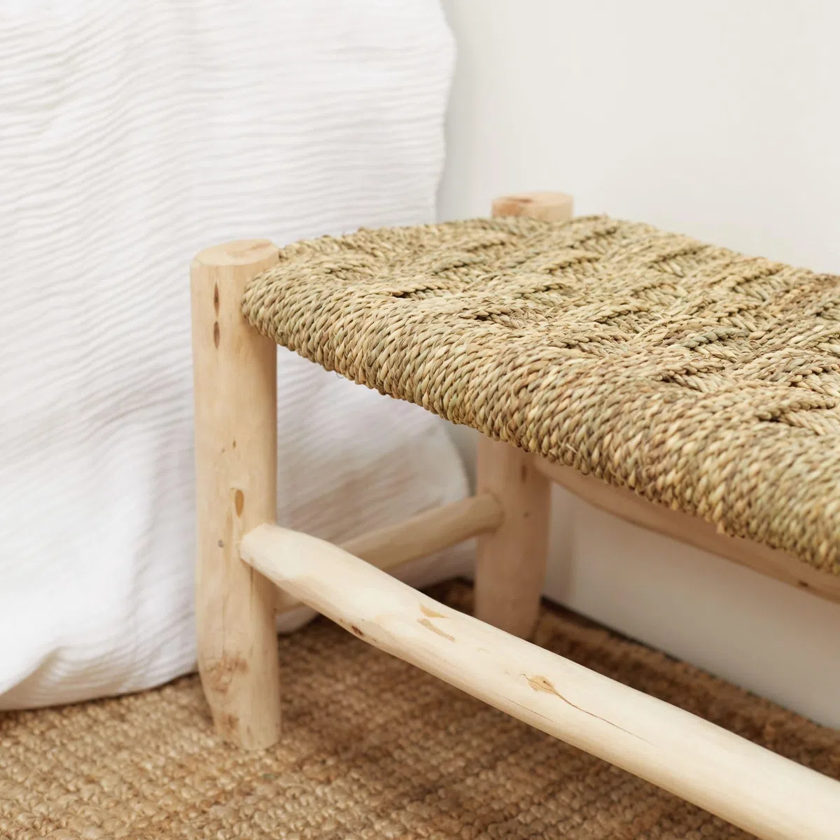 Home Maison - Banc marocain doum tressage Central Bois Naturel 60 x 30 x 30 cm