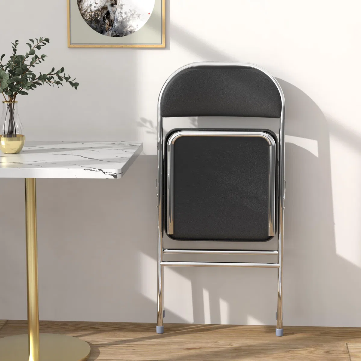 Lot de 4 Chaise Pliante, Chaises de Salle à Manger en PU, Cadre en métal, avec Dossier, 46x41x80.3cm, pour Salon, Bureau, Salle à Manger, Noir