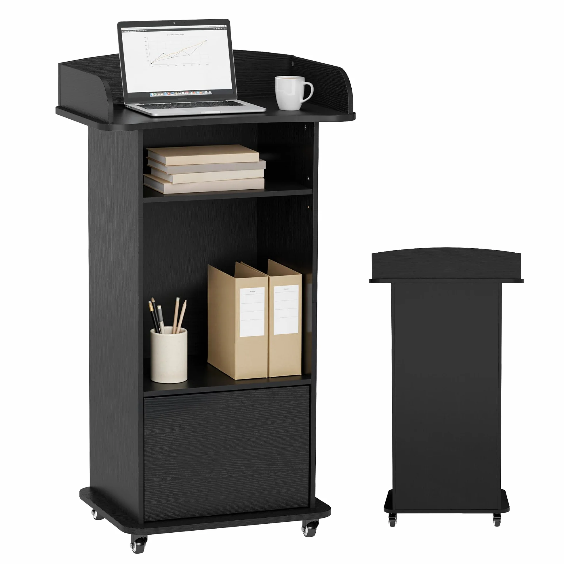 Pupitre en Bois Debout sur Roulettes avec Table pour Ordinateur Portable et 3 Étagères de Rangement Noir