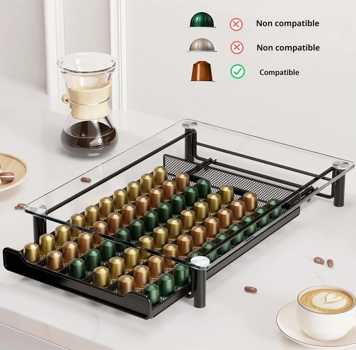 SEVENLINE Tiroir de Rangement pour Capsules de Café en Verre Trempé Cristal Compatible avec les Capsules Nespresso OriginalLine Support pour 60 Dosettes Original Line Organisateur de Cuisine