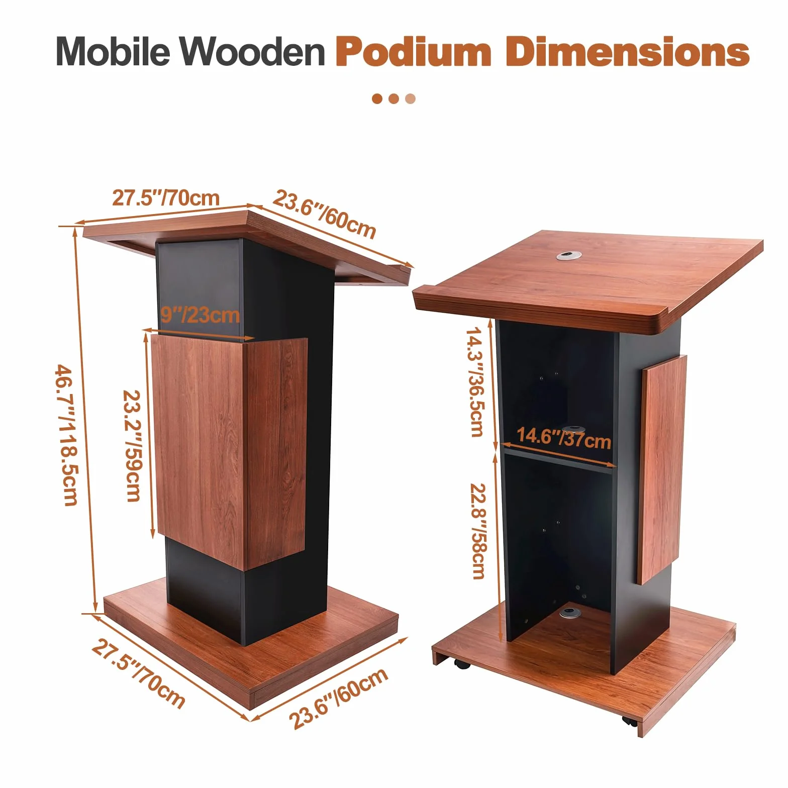 Podium en bois massif avec roues double étagère 120x60x70 cm pupitre conférence